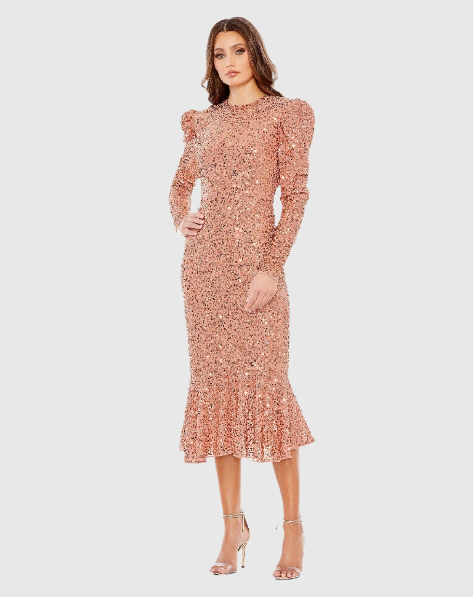 Orange Sequined Long Sleeve High Neck Trumpet Dress - FINAL SALE