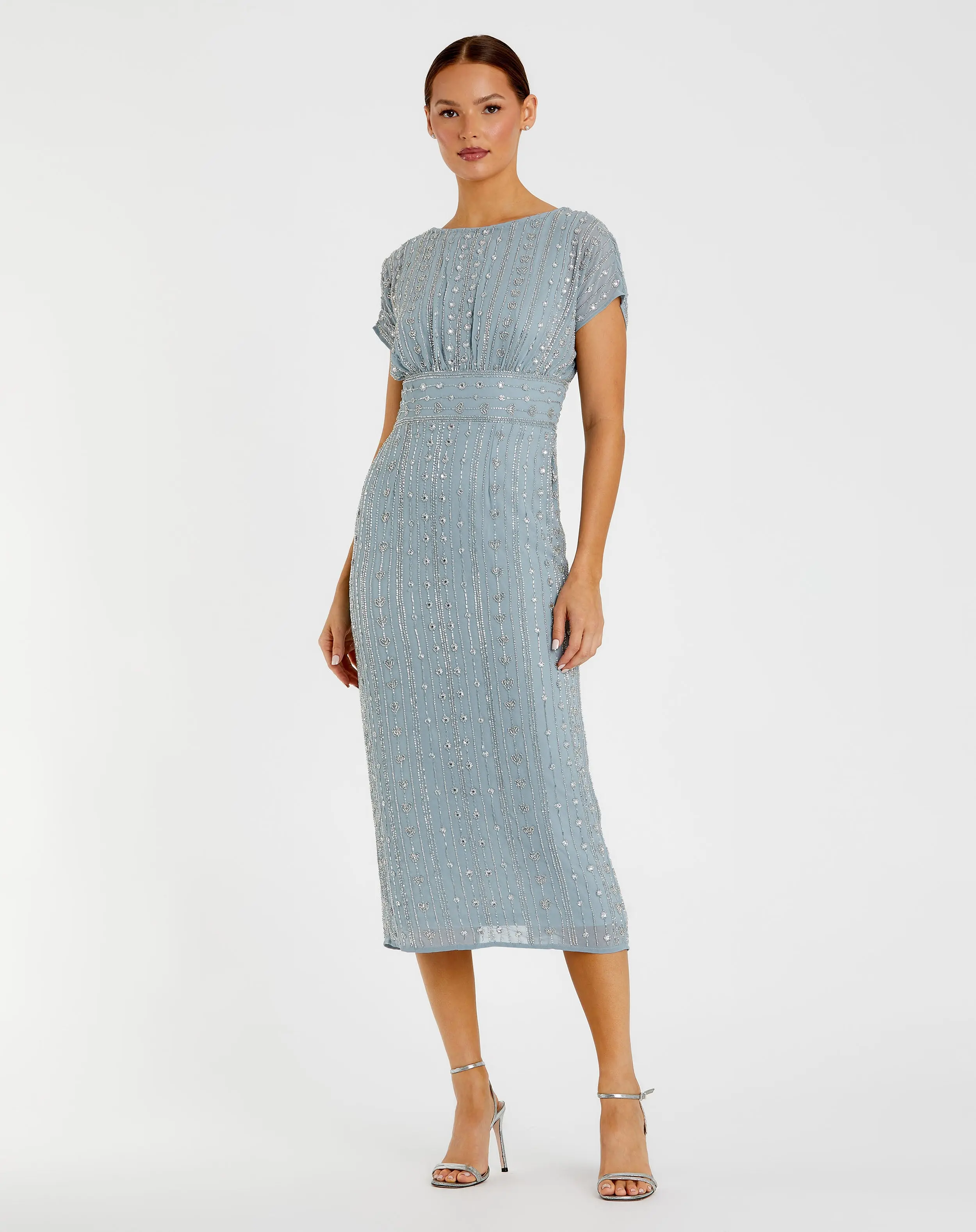 Blue Beaded Cap Sleeve Empire Waist Column Midi Dress