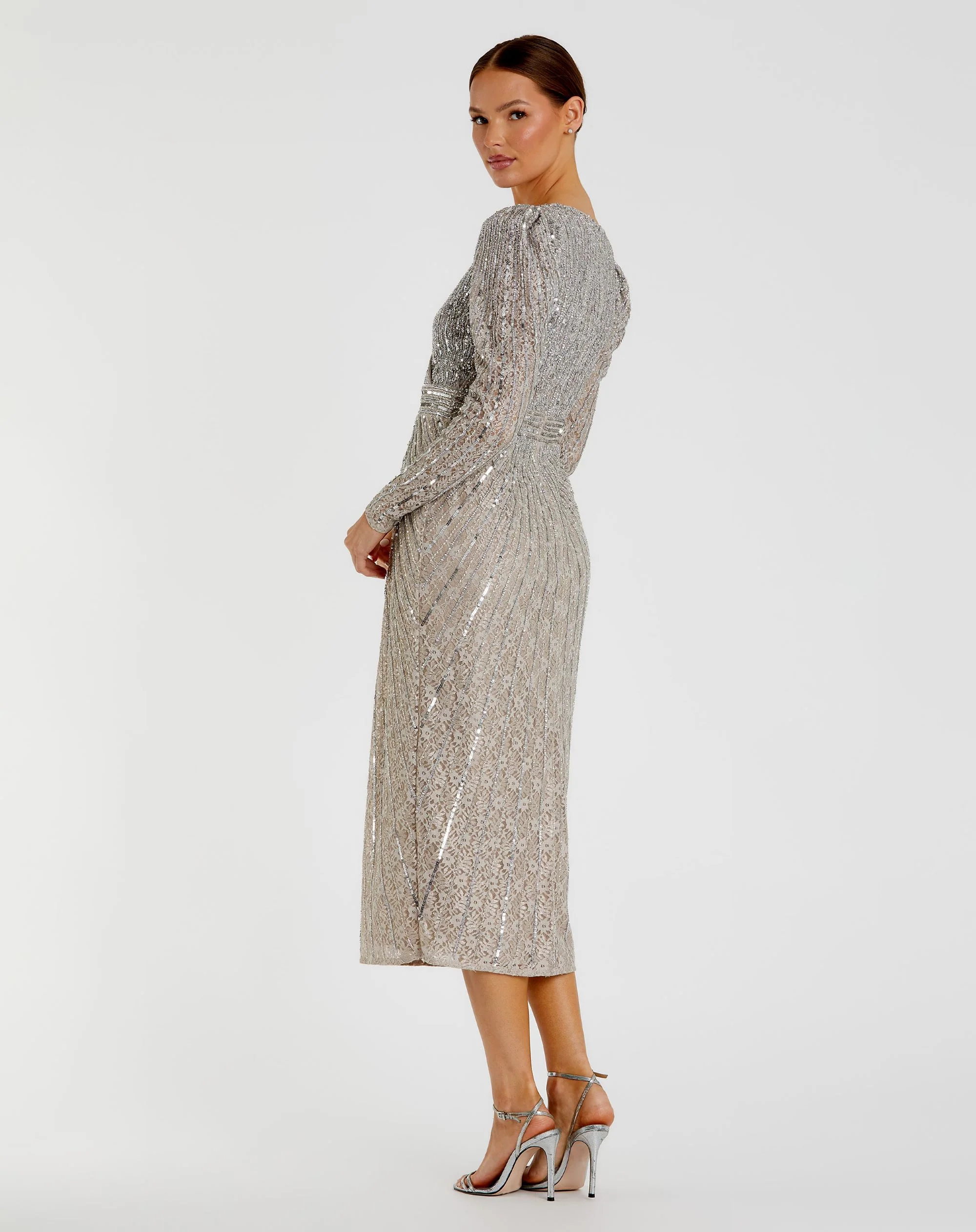 Gray Beaded Lace Long Sleeve Midi Dress