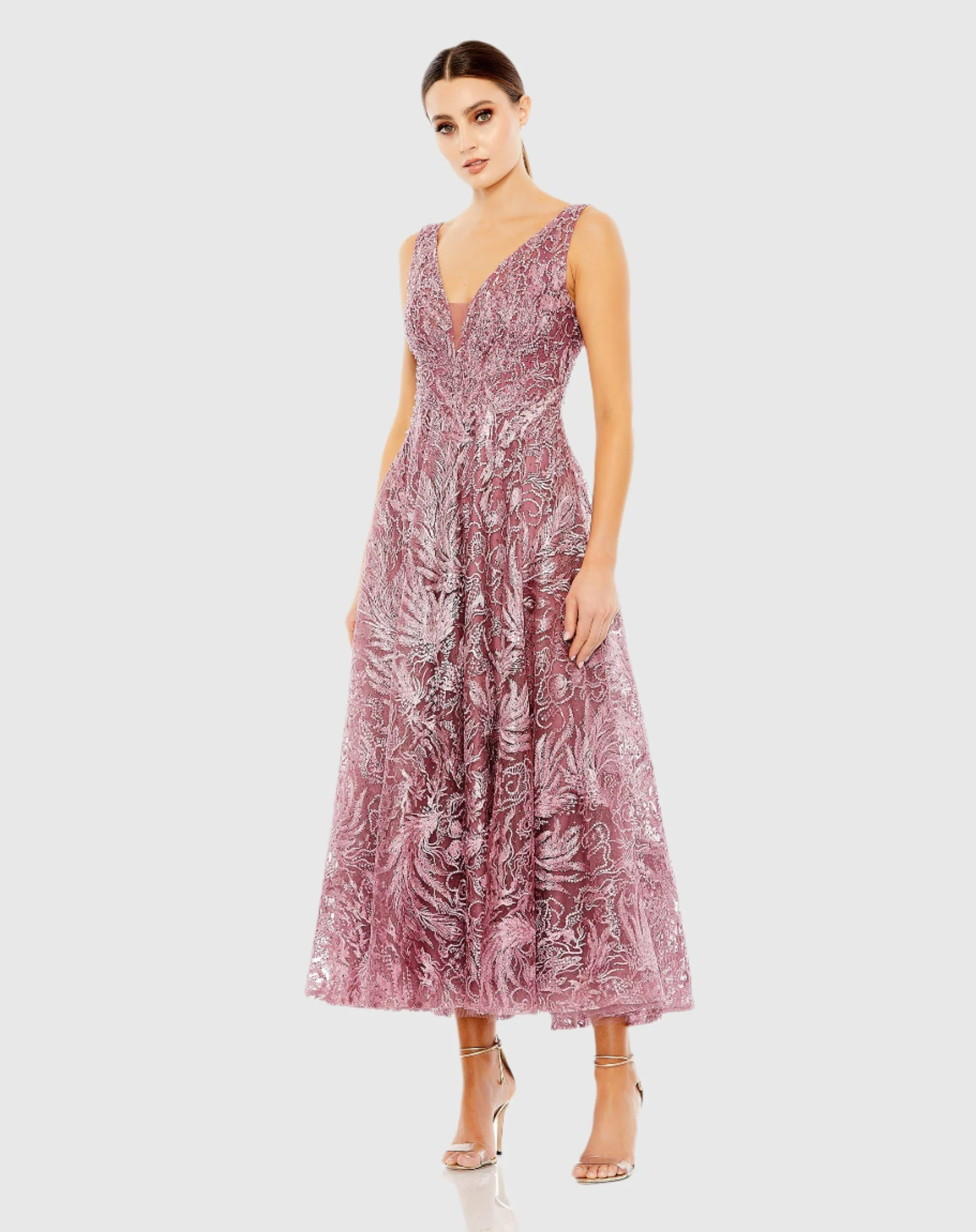 Purple V-Neck Low Cut Back Floral Embroidered A-Line Dress