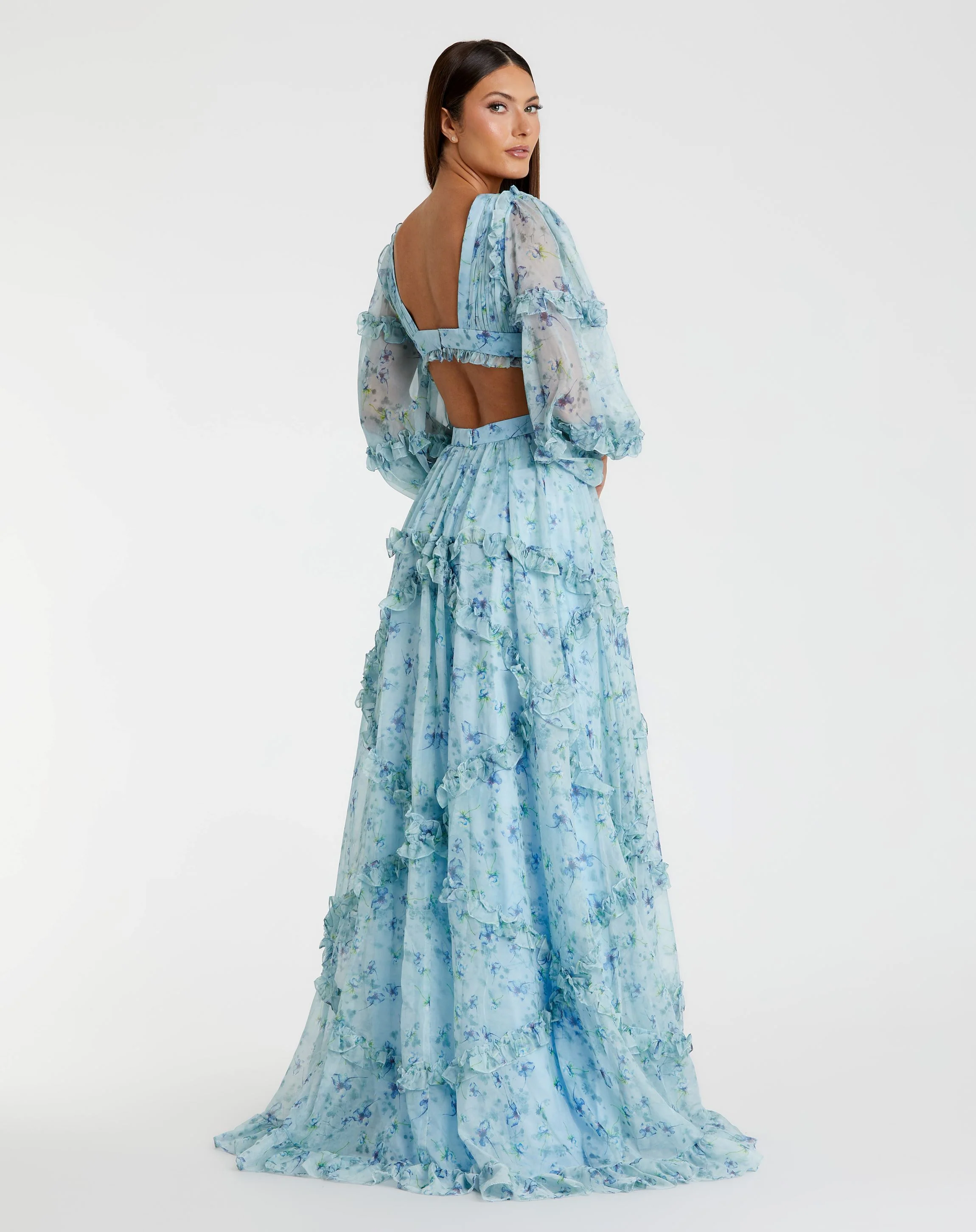 Ruffle Tiered Floral Cutout Long Sleeve Gown