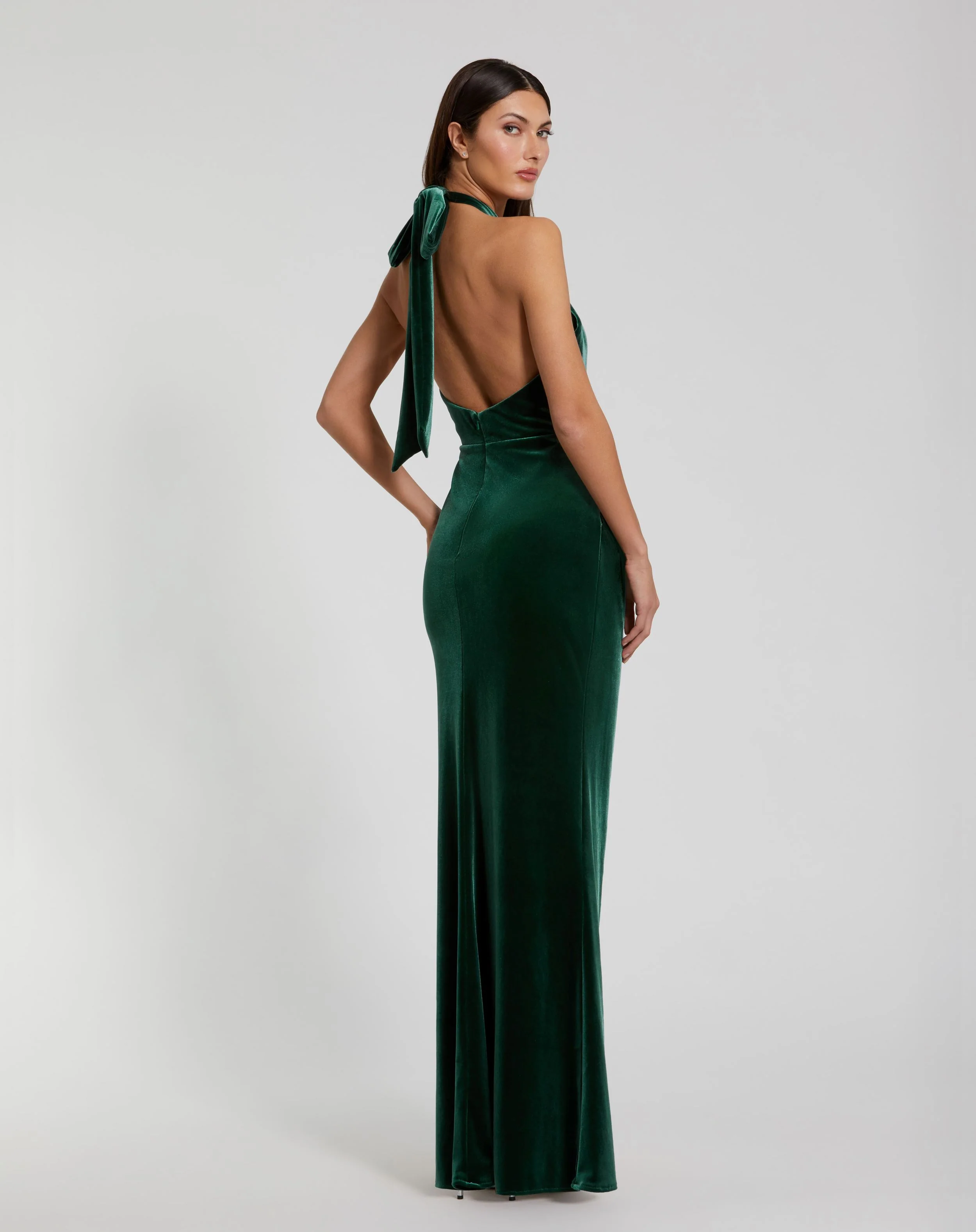 Twist Neck Open Front Velvet Draped Gown
