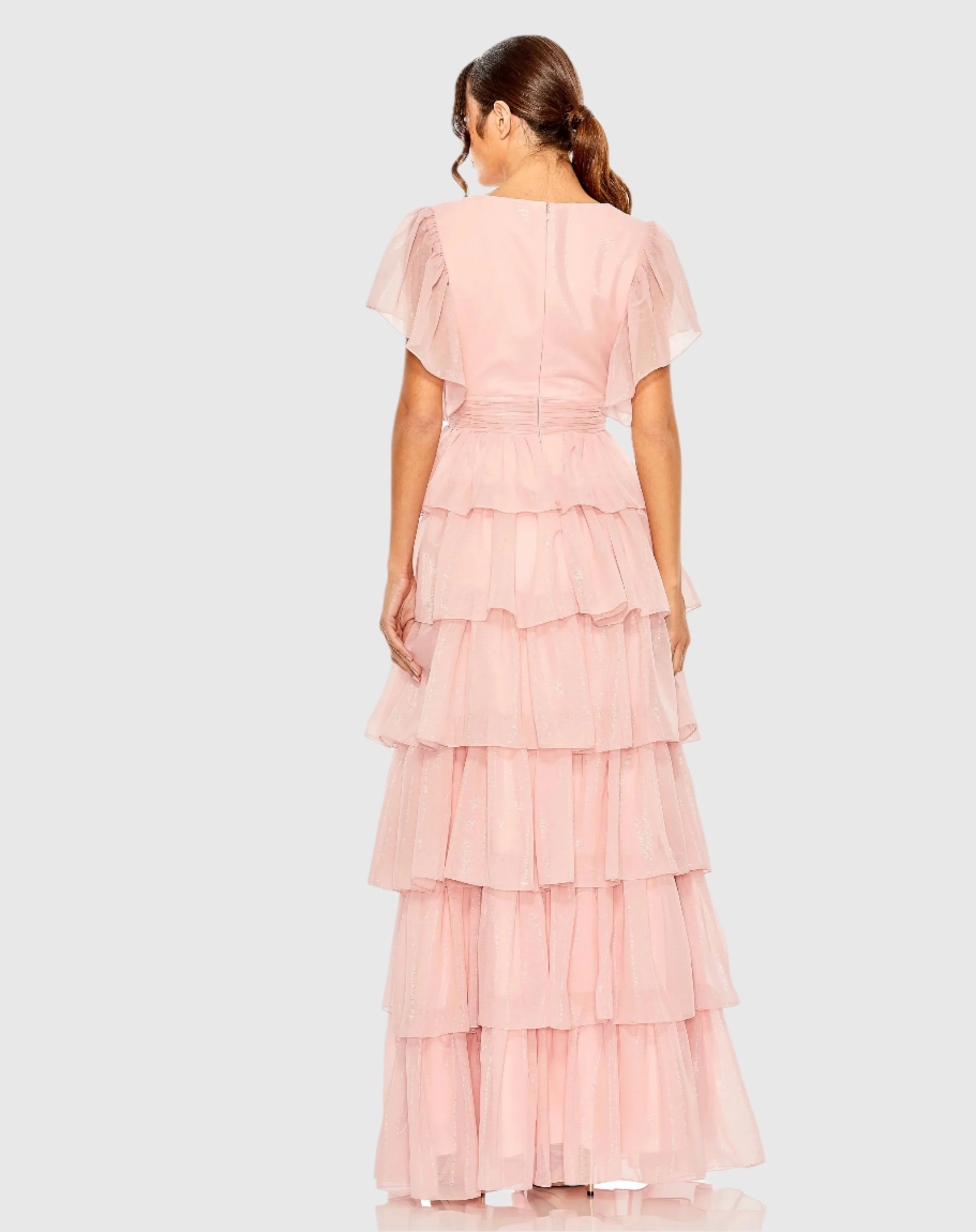 Pink Flutter Sleeve Ruffle Tiered Gown