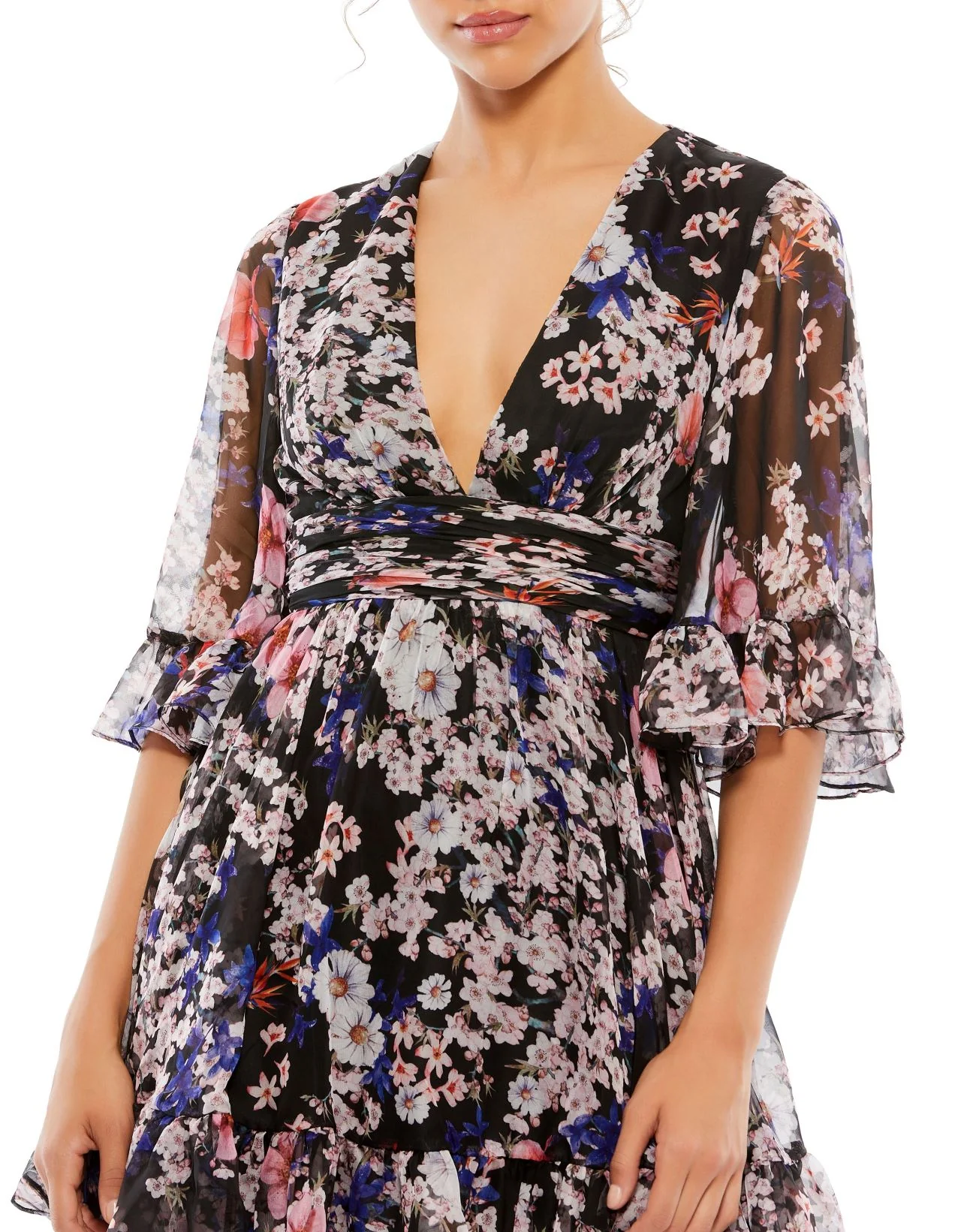 Floral Print V Neck Illusion Sleeve Mini Dress | Sample | Sz. 2