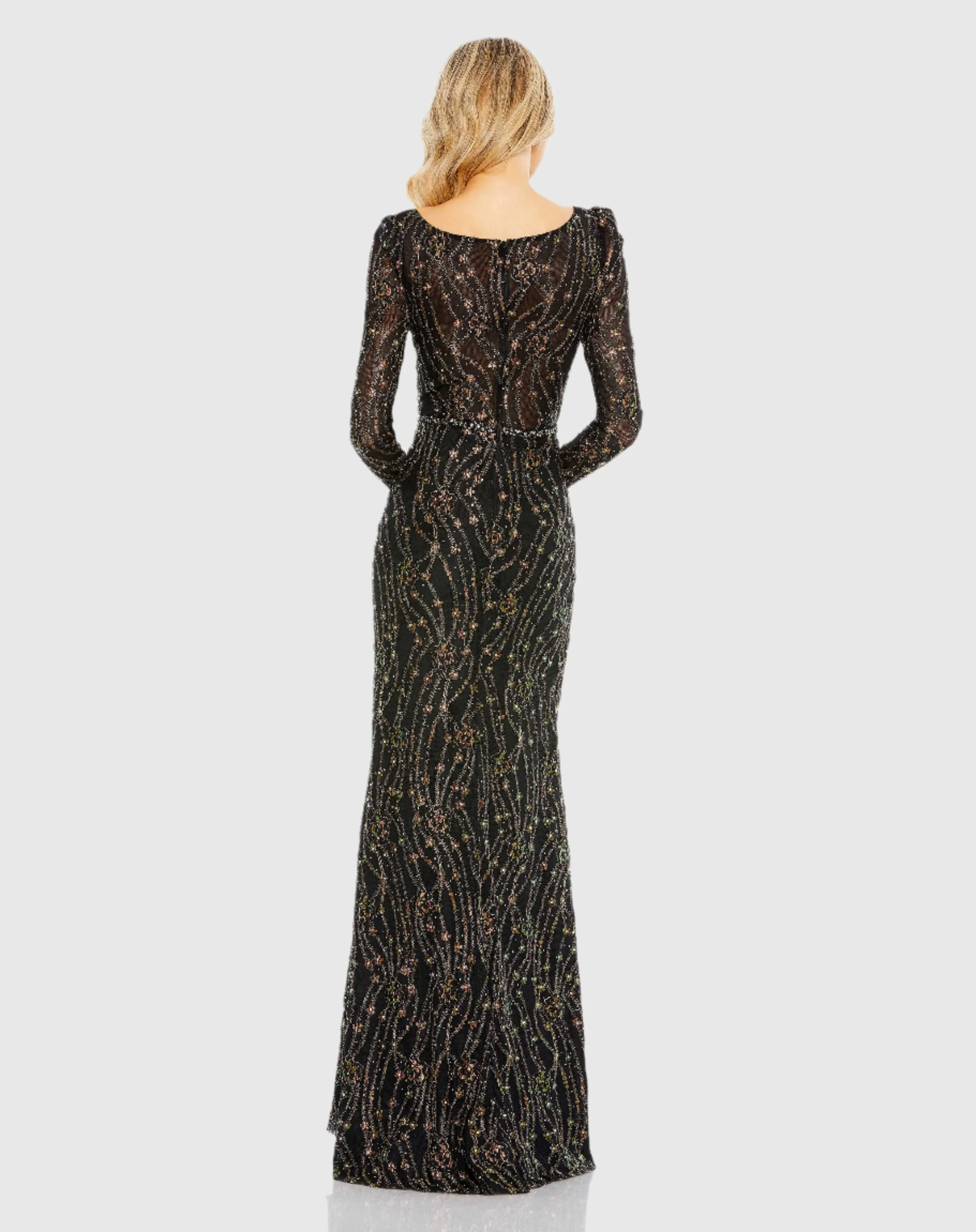 Black Embellished Long Sleeve Plunge Trumpet Gown