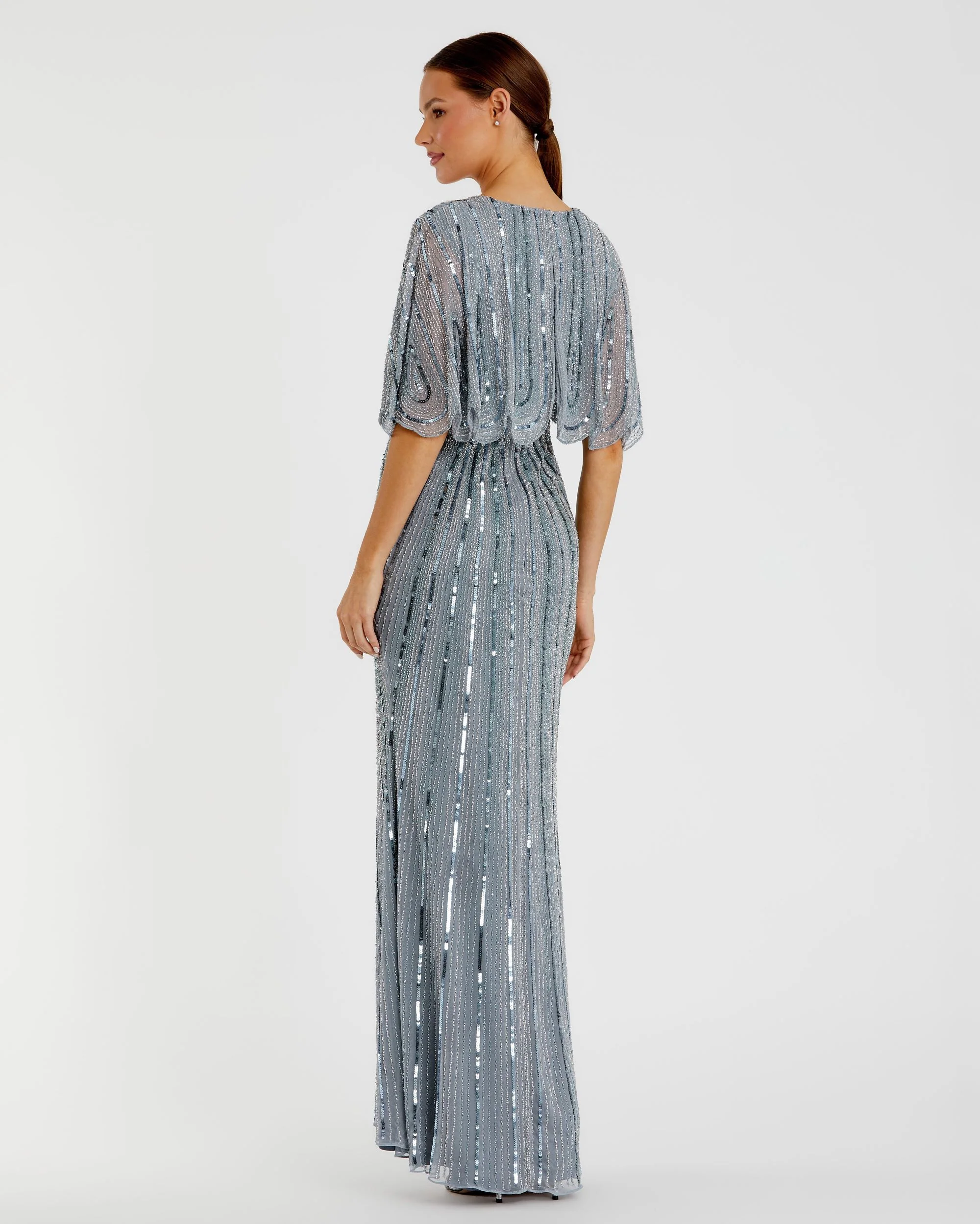 Blue Sequined V Neck Cape Sleeve Column Gown