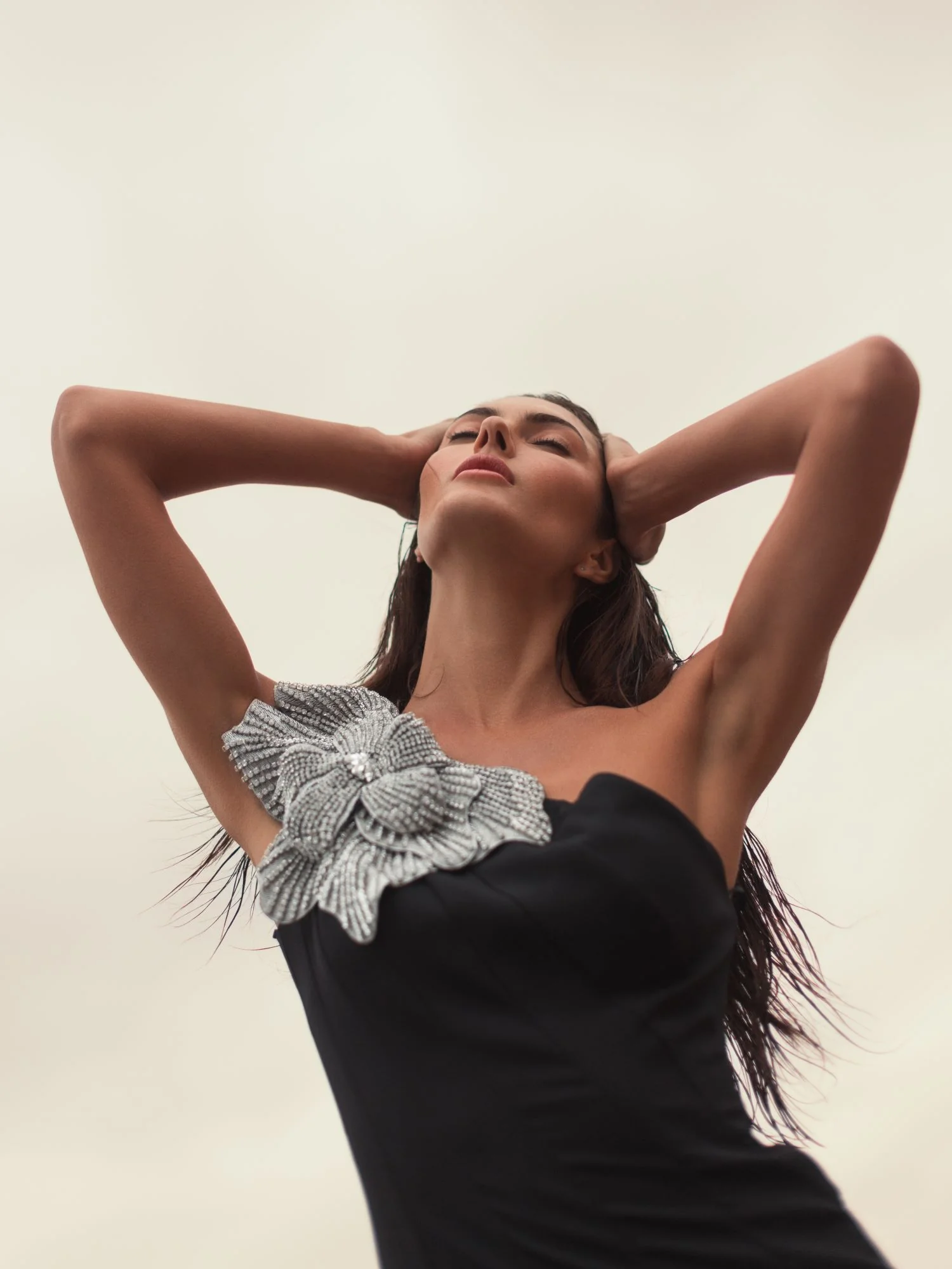 Black Crepe One Shoulder Gown With Crystal Flower