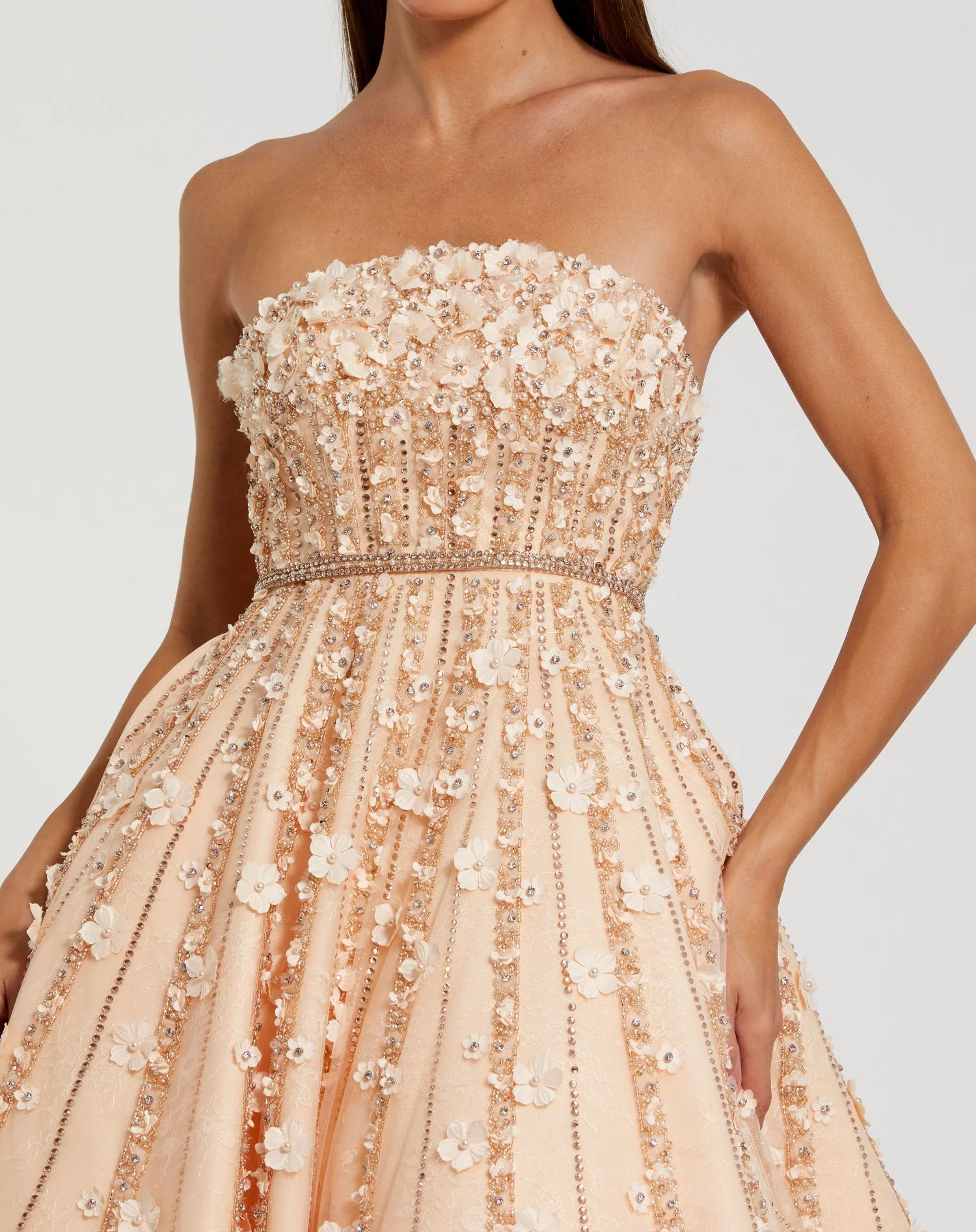 Pink Embellished Lace Strapless Midi A Line Dress