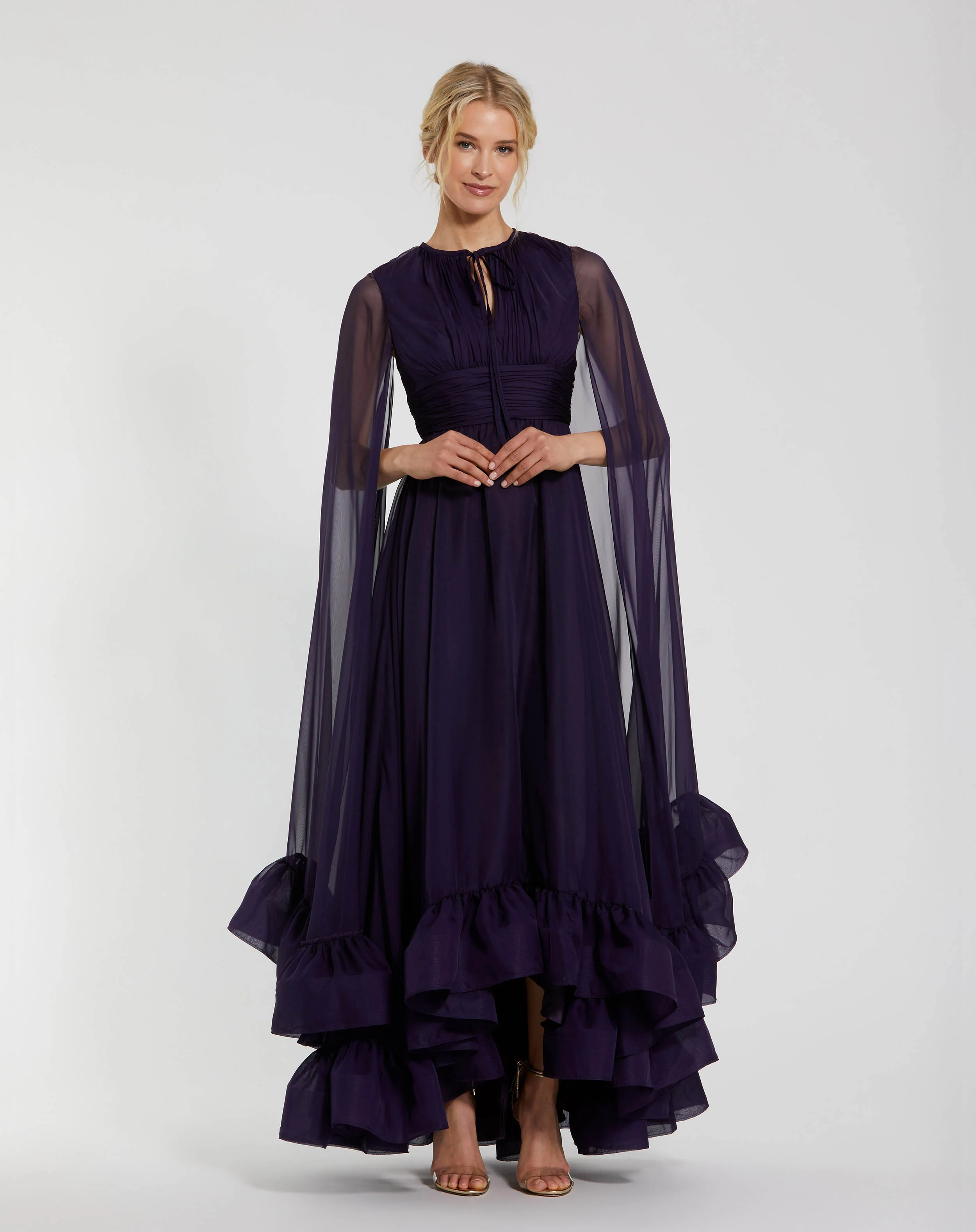 Chiffon Cape Sleeve Ankle-Length Dress With Keyhole