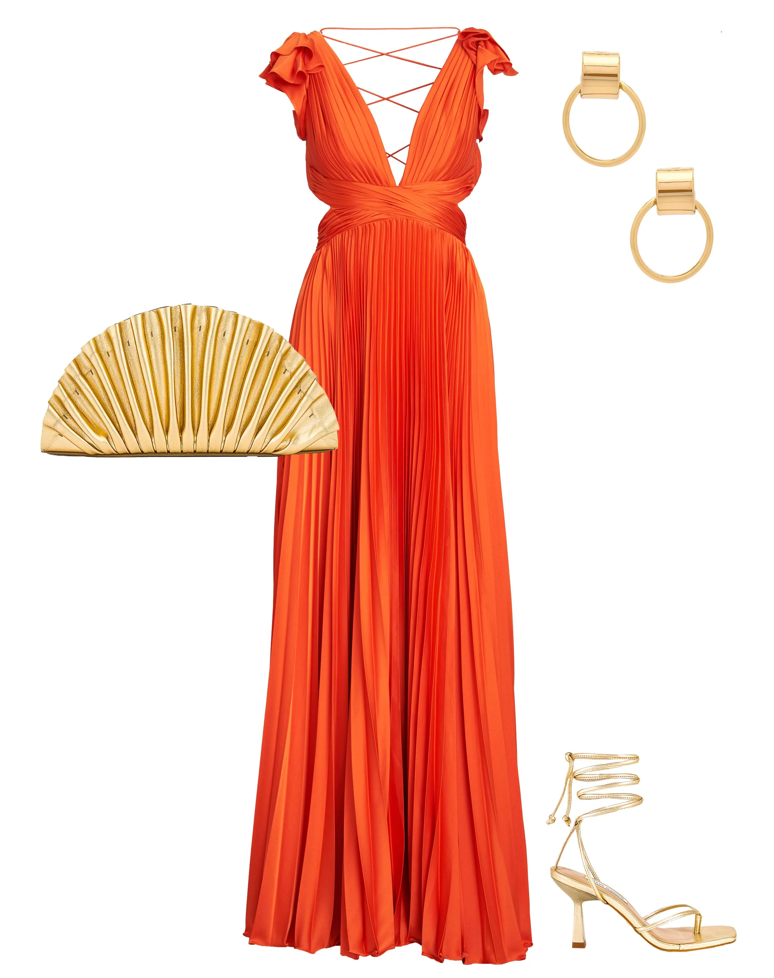 Orange Pleated Ruffled Cap Sleeve Cut Out Lace Up Gown