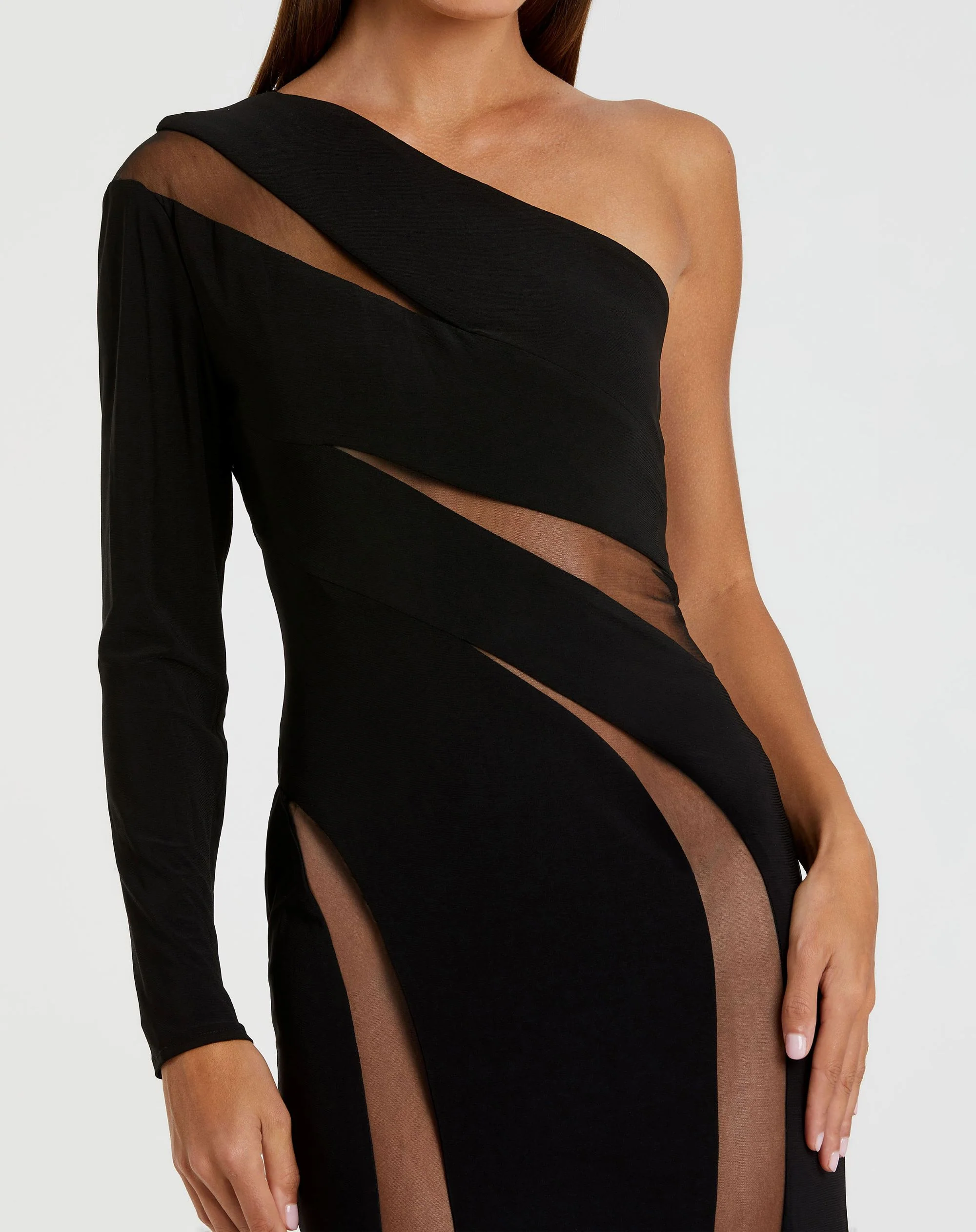 Black Jersey One Shoulder Illusion Cut Out Gown