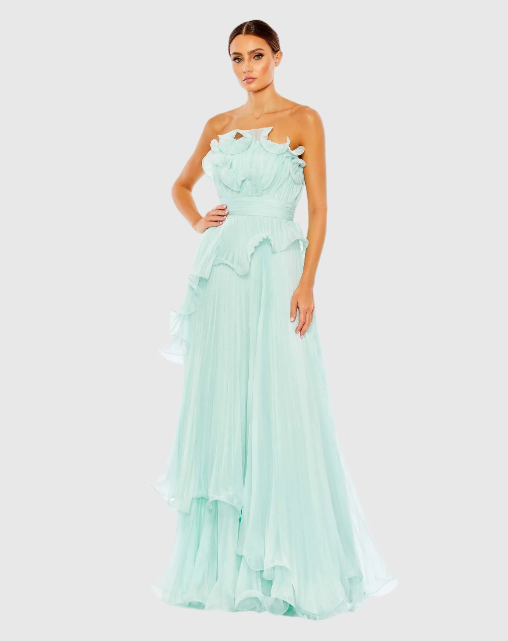 Pleated Tiered Ruffled Strapless Gown