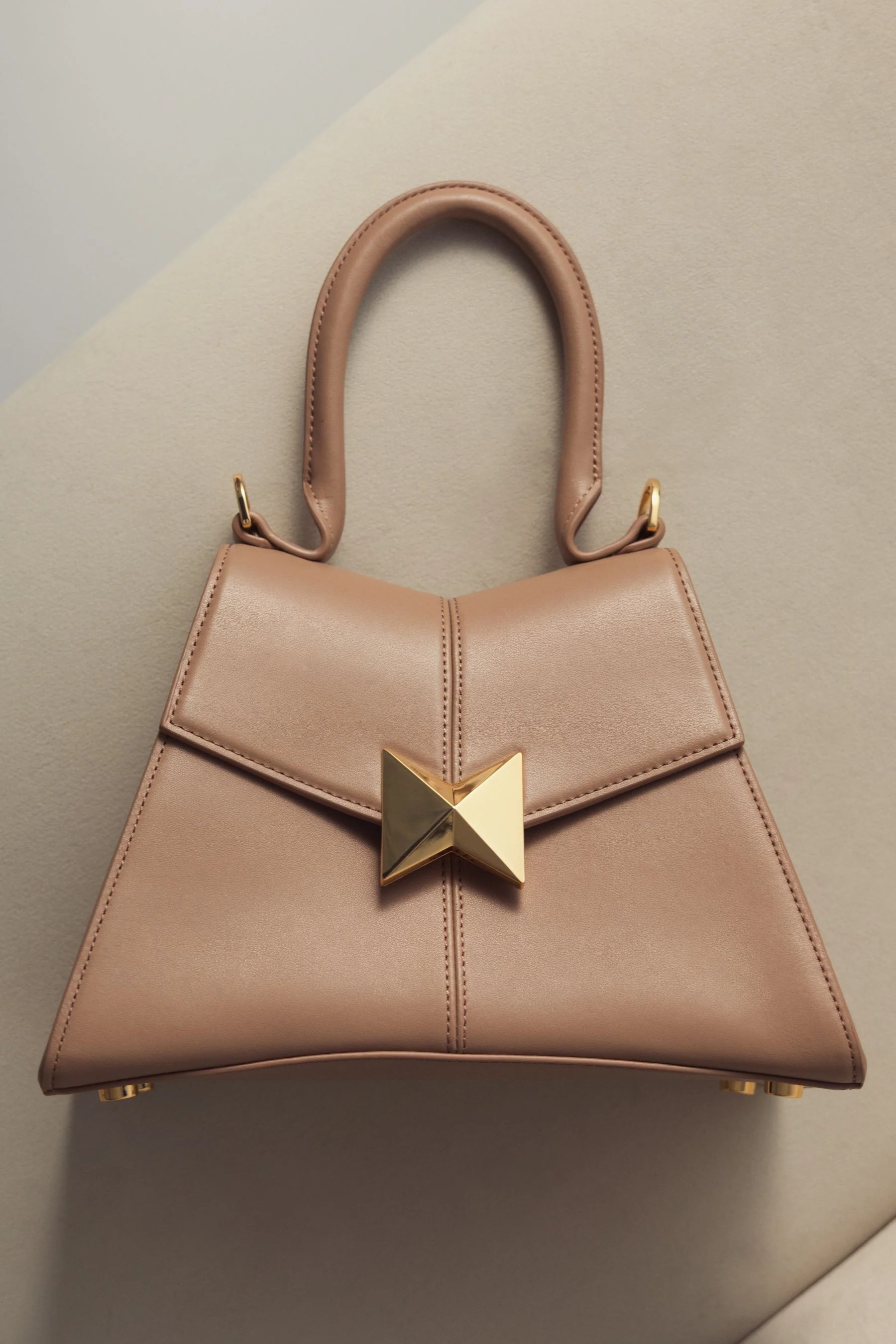 Angular Small Taupe Leather Handbag With Gold Hardware