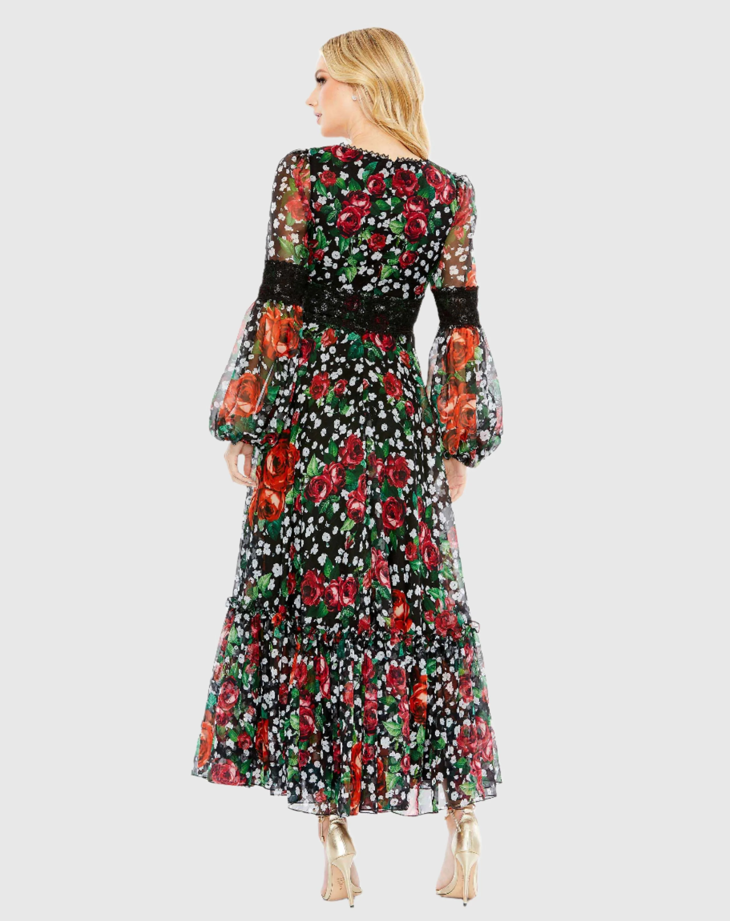 V-neck Floral Long Puff Sleeve Ruffle Dress - FINAL SALE