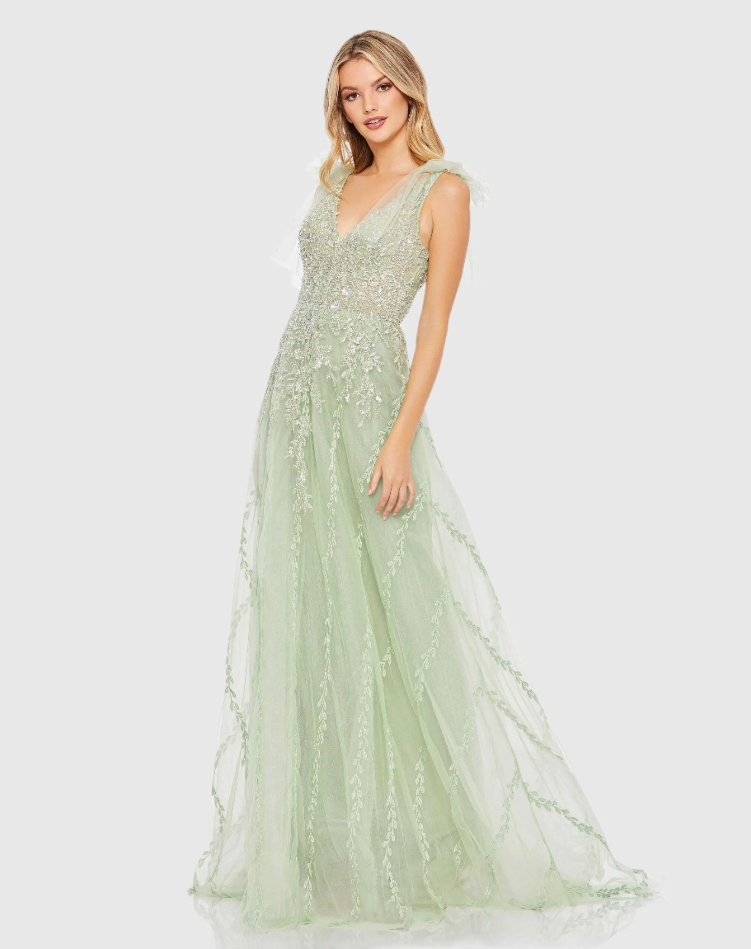 Green Embellished Soft Tie Sleeveless V Neck Gown
