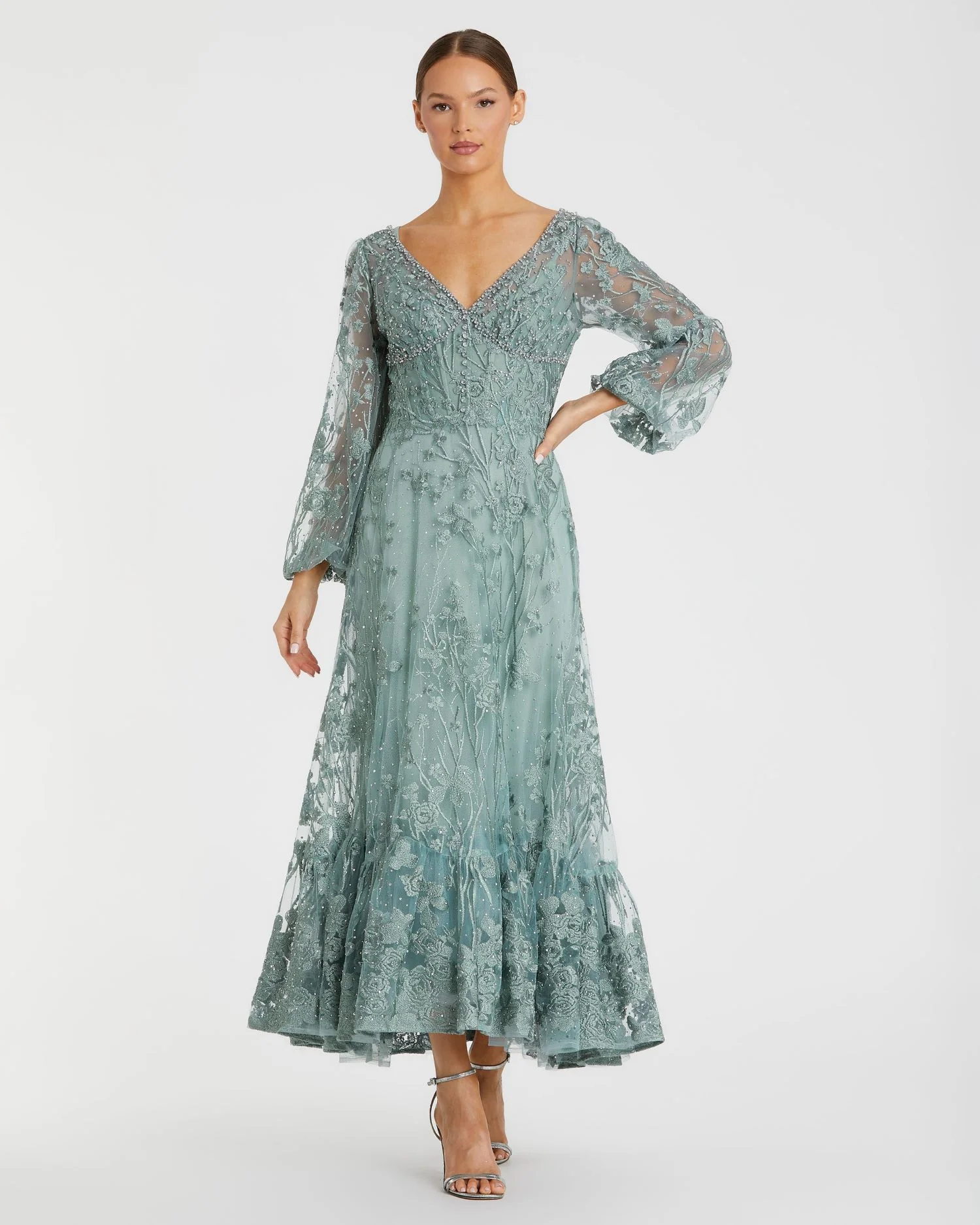 Green V-Neck Mesh Puff Sleeve A Line Embellished Tea Length Dress
