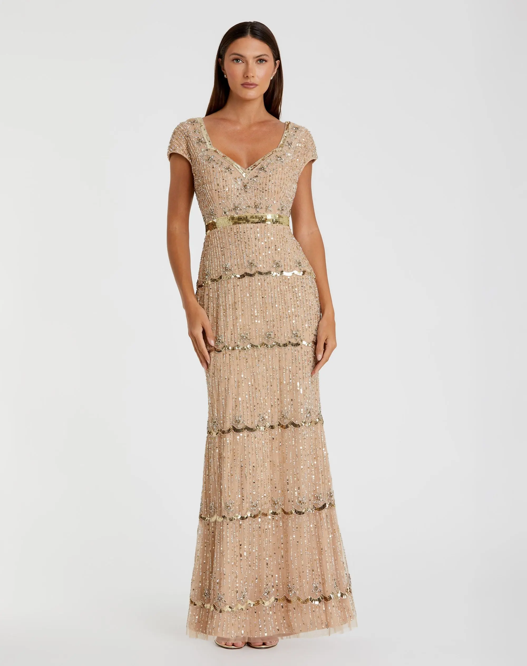 Cap Sleeve Sweetheart Neckline Beaded Sequin Column Gown