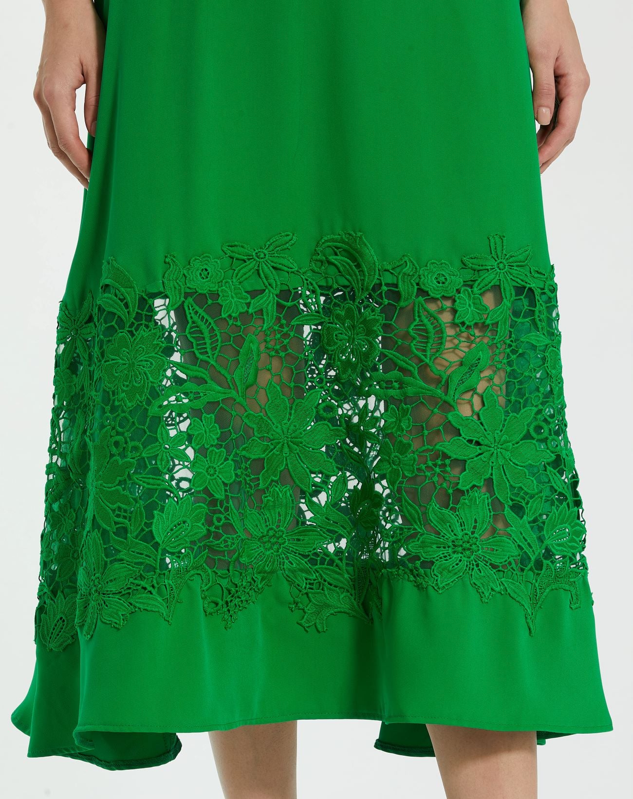 Green Crepe Boat Neck Midi Dress With Applique Cut Out