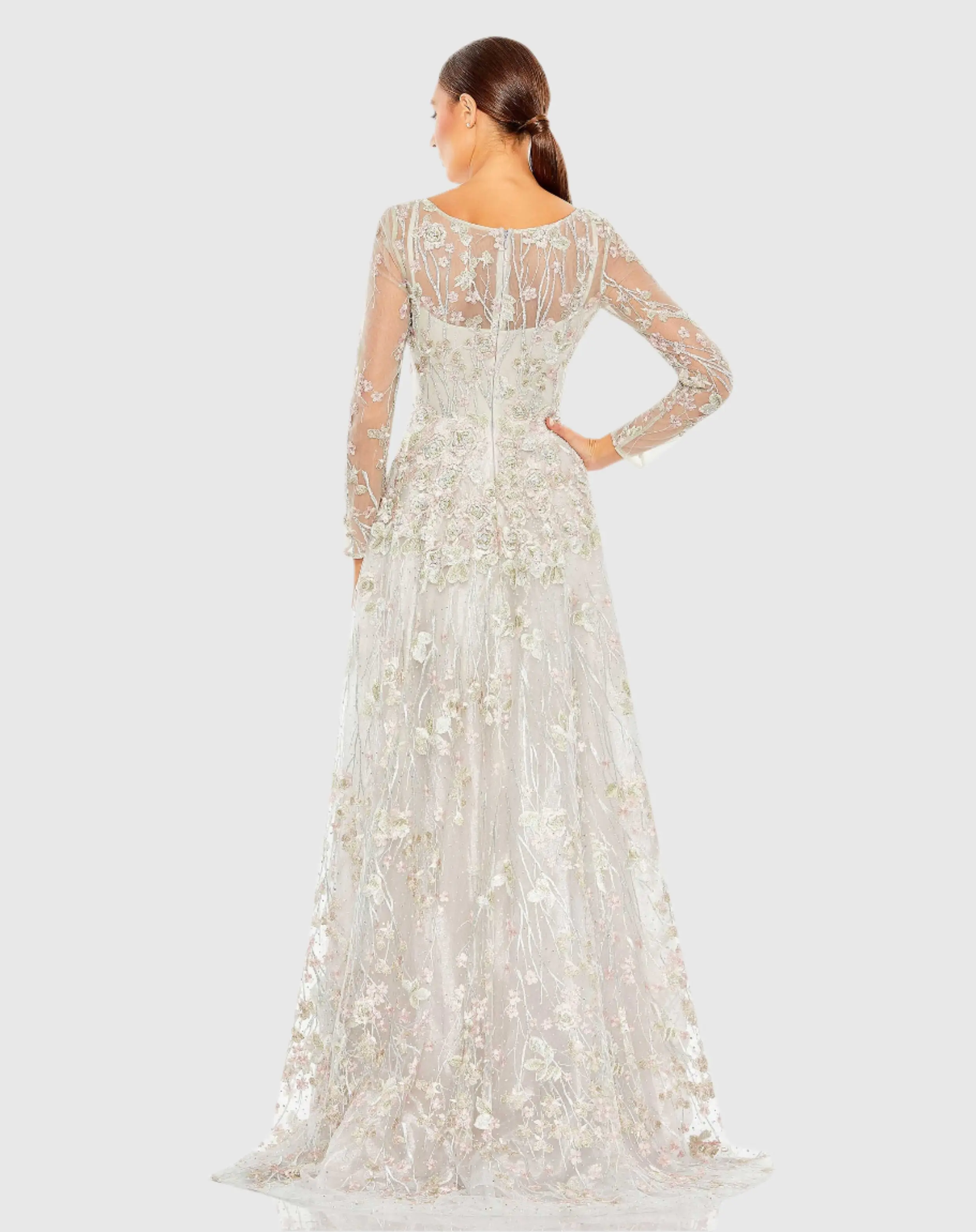 White Embroidered Lace Wrap Over Illusion Long Sleeve A Line Gown