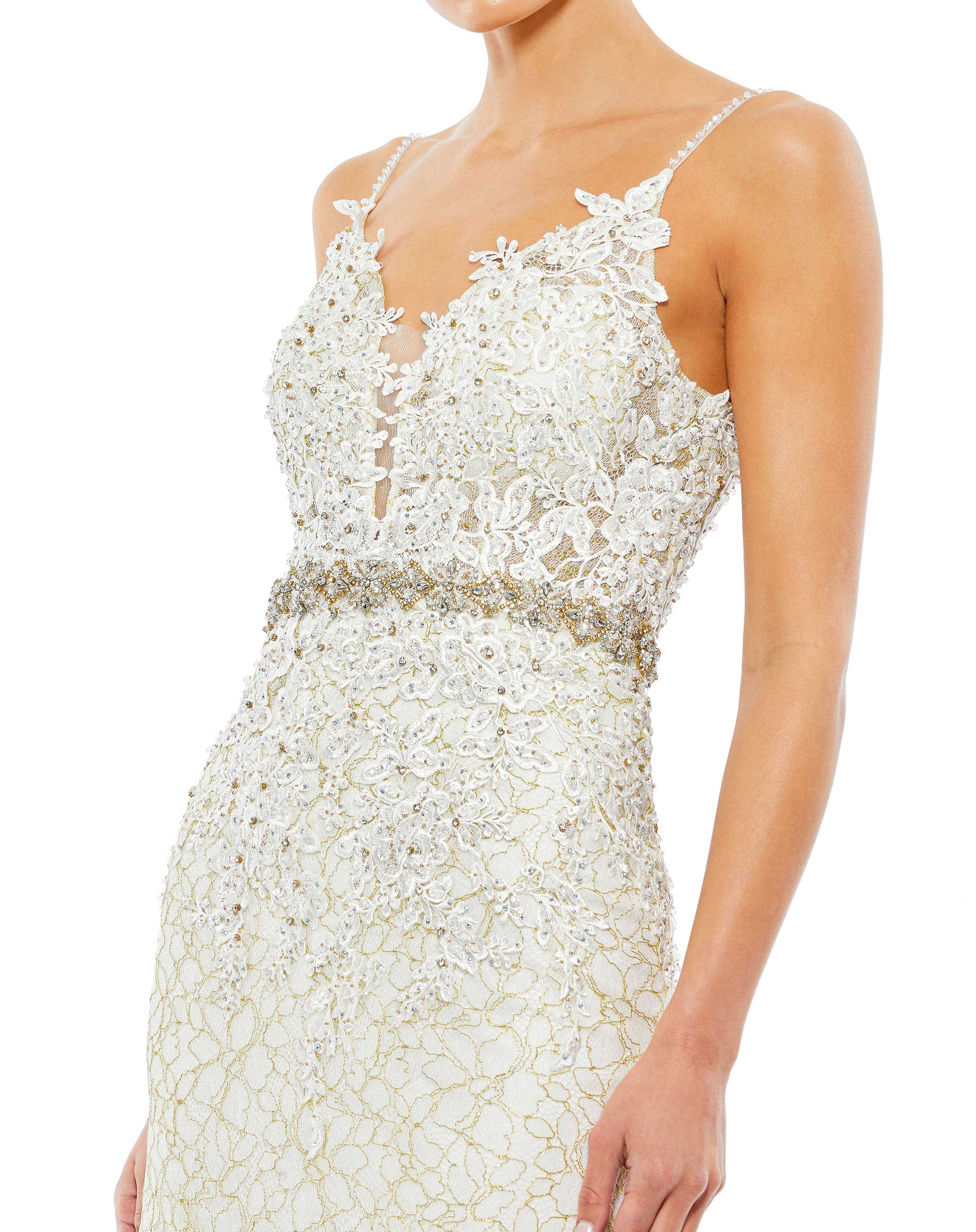 White Applique Sleeveless Plunge Neck Trumpet Gown