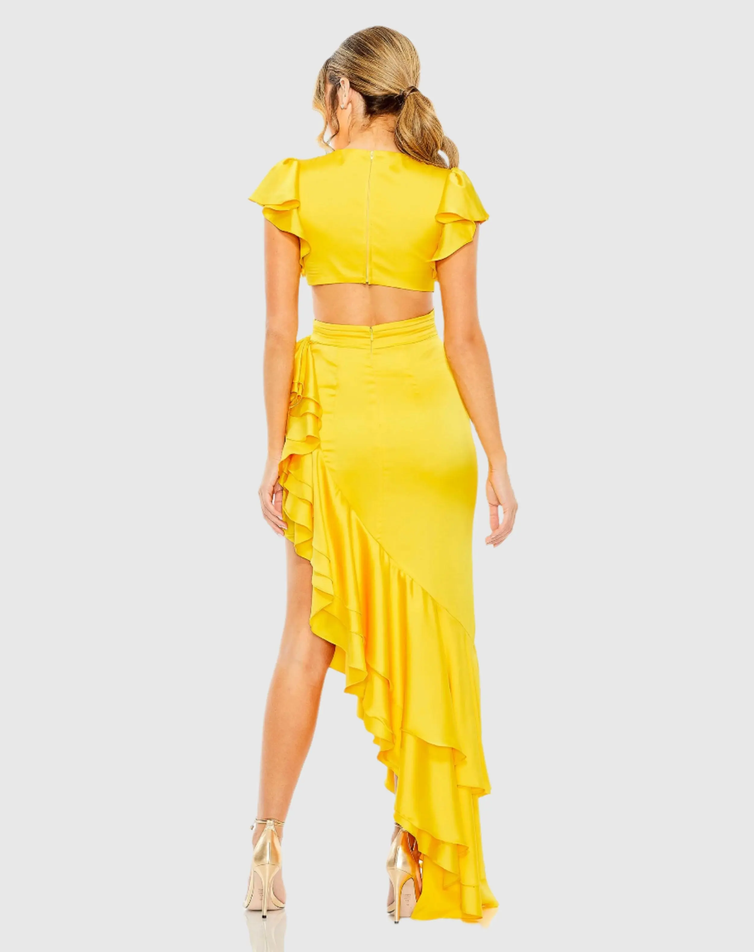 Yellow Flutter Sleeve Cut Out Asymmetrical Ruffled Gown