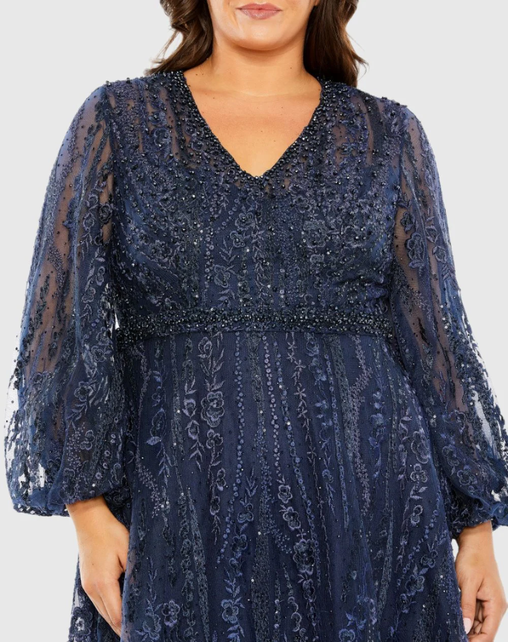 Navy V Neck Puff Sleeve Embroidered A Line Gown