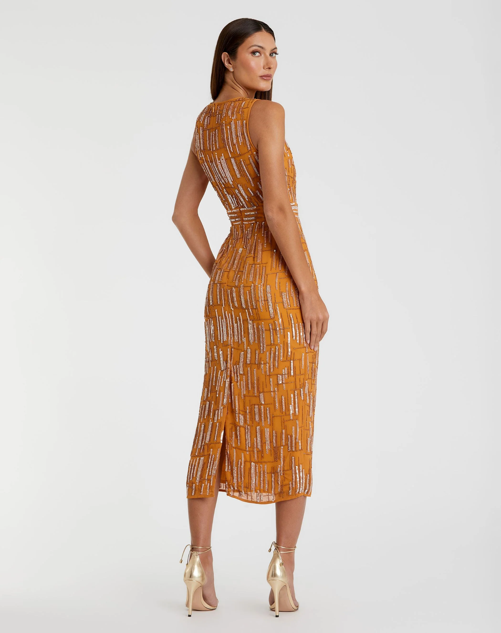 Orange Abstract Beaded Sleeveless Midi Sheath Dress
