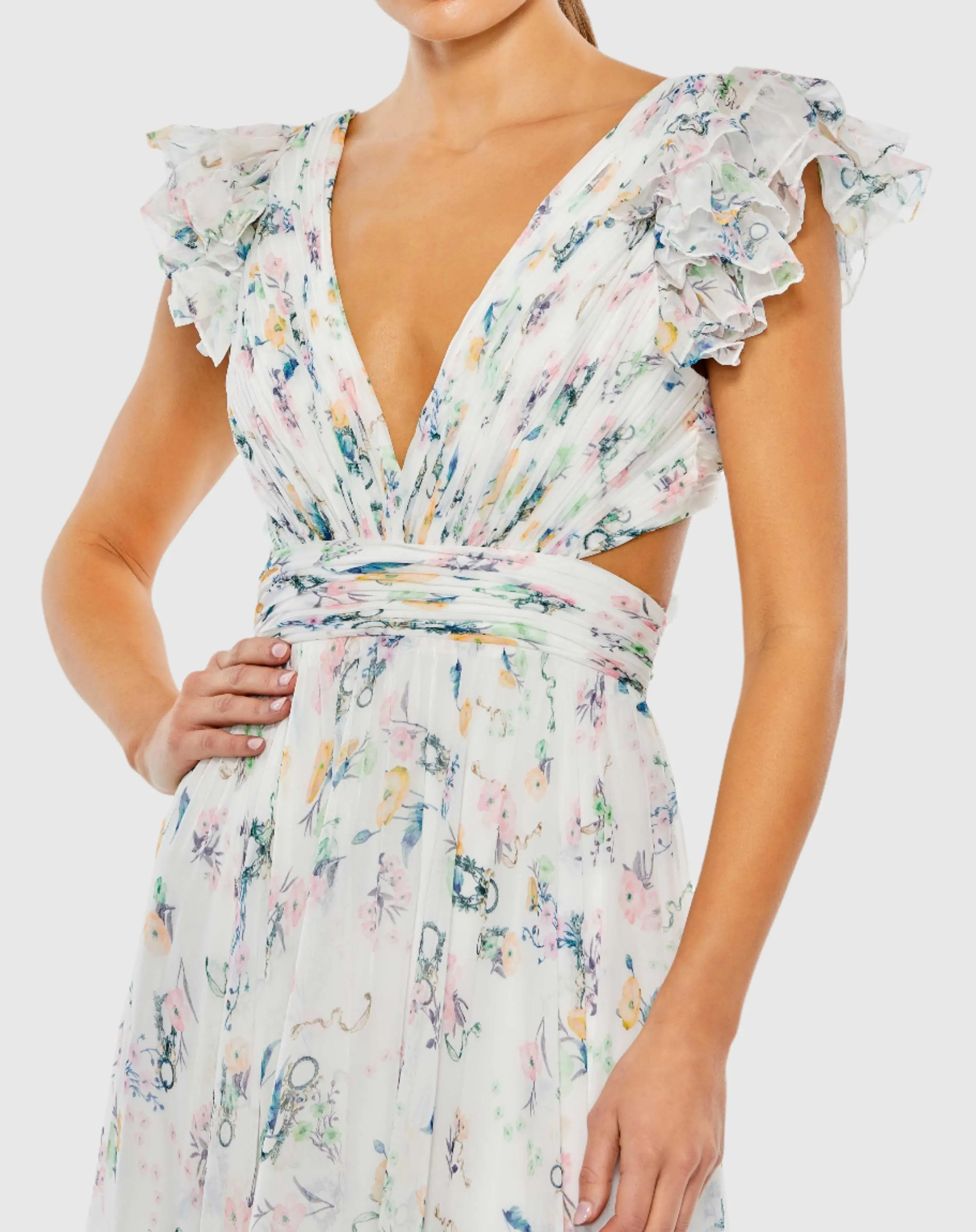 White Floral Ruffled Cut Out Flowy Maxi Dress