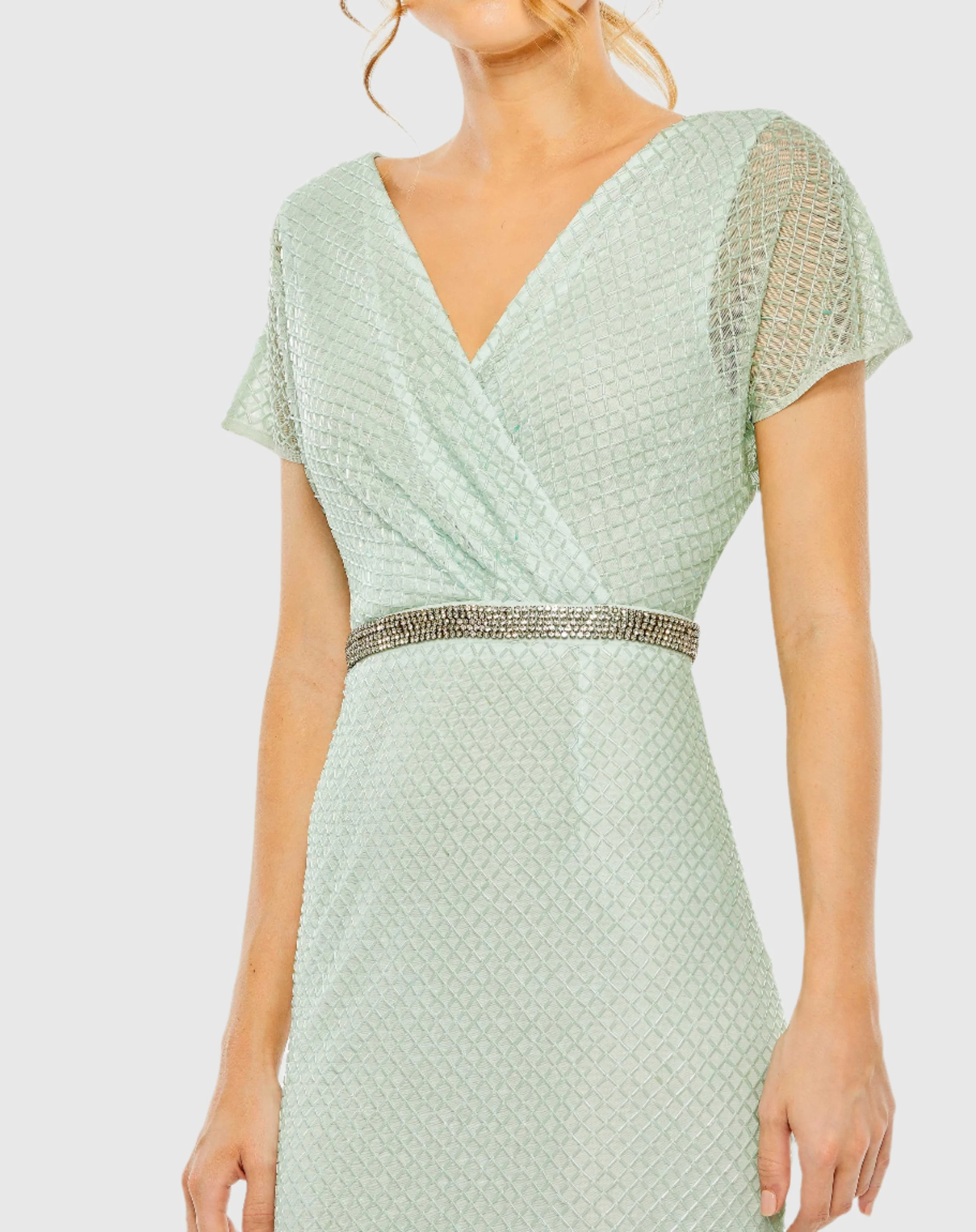 Green Short Sleeve Beaded V-Neck Gown