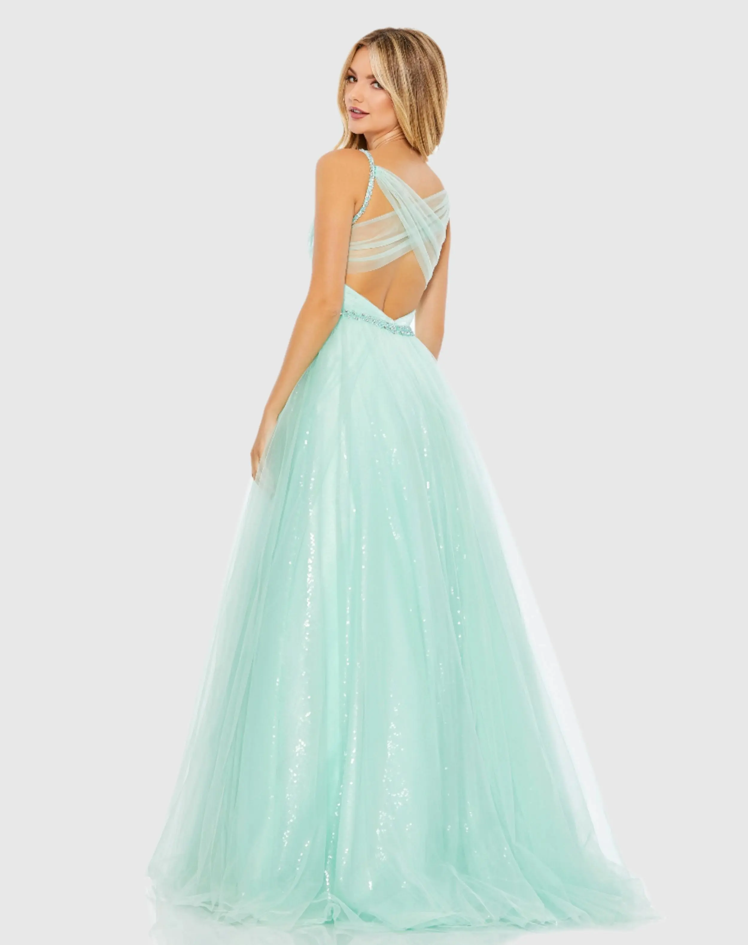 V-Neck Tulle Ballgown with Embellished Belt - FINAL SALE