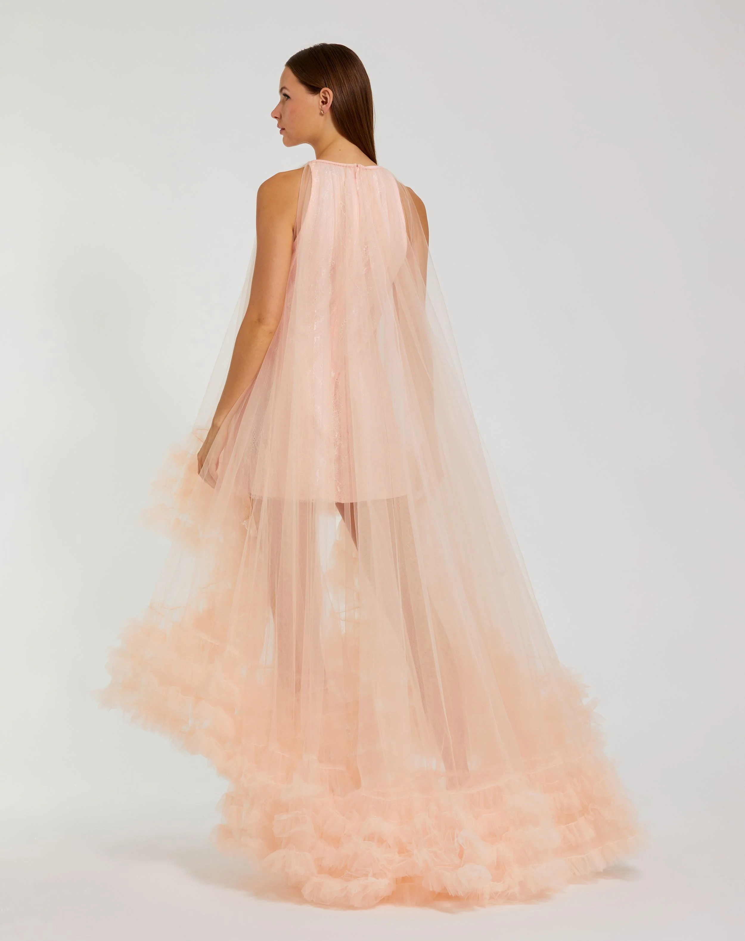 Light Pink Tulle High Neck Sleeveless Ruffled Hem Hi-Low Gown