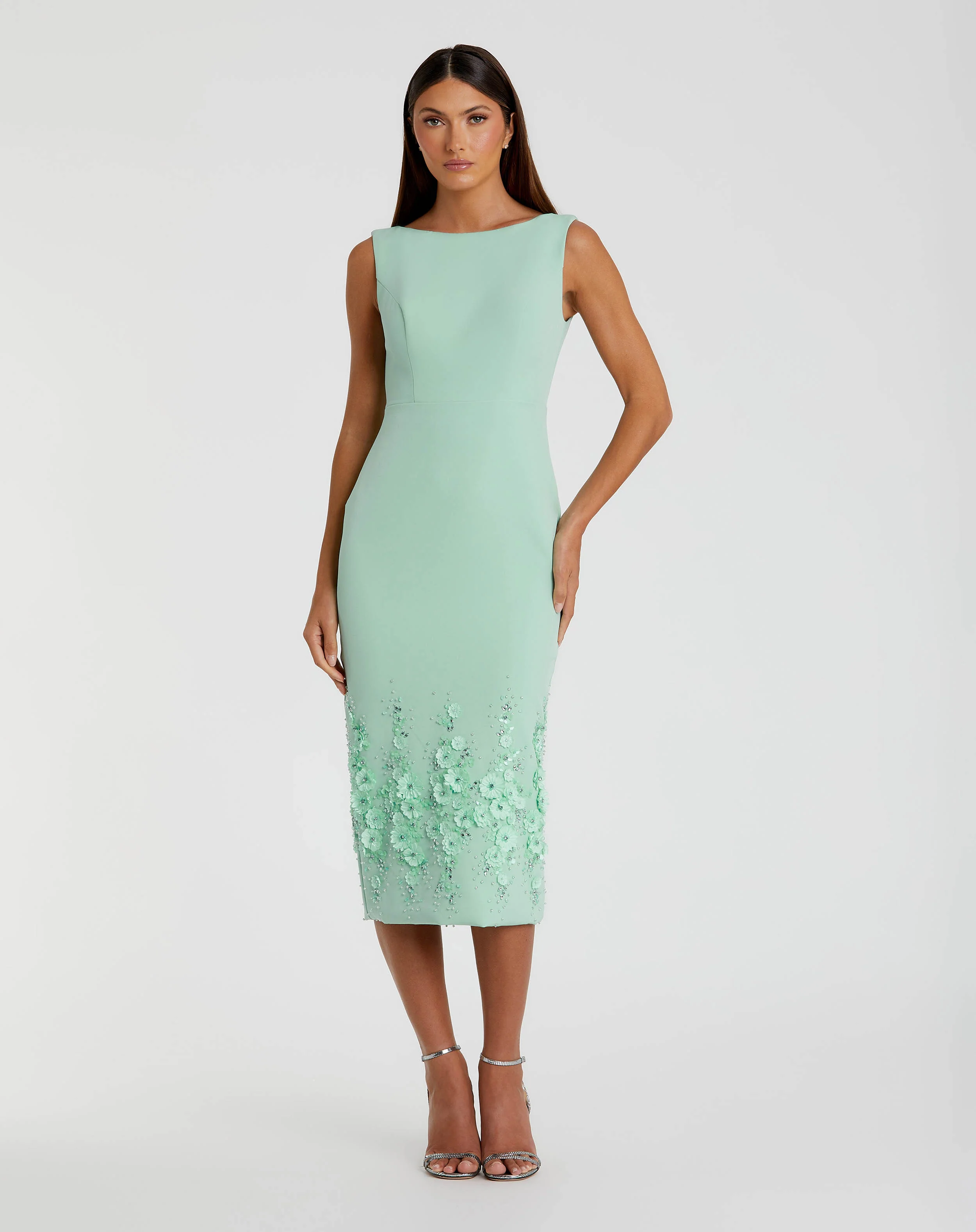 Green Crepe Sleeveless Midi Dress With Flower Beading
