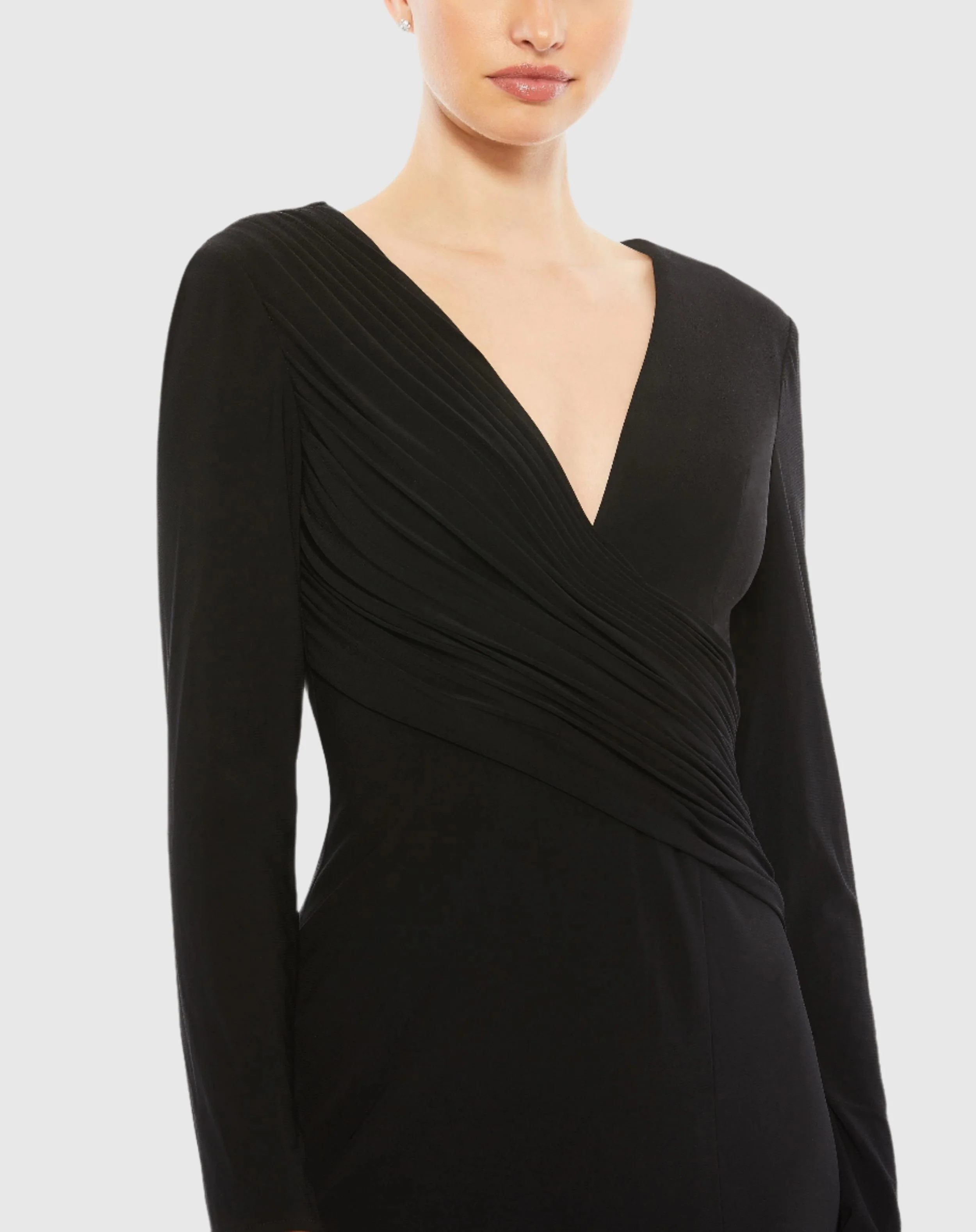 Black Jersey Long Sleeve Asymmetrical Ruched Gown