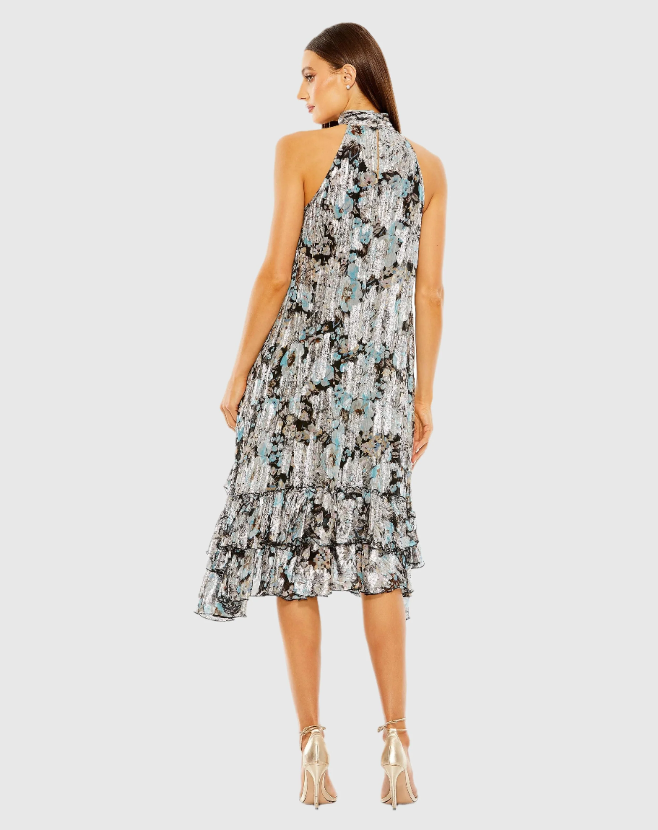 Black Multicolor High Neck Keyhole A-Line Floral Ruffle Mini Dress