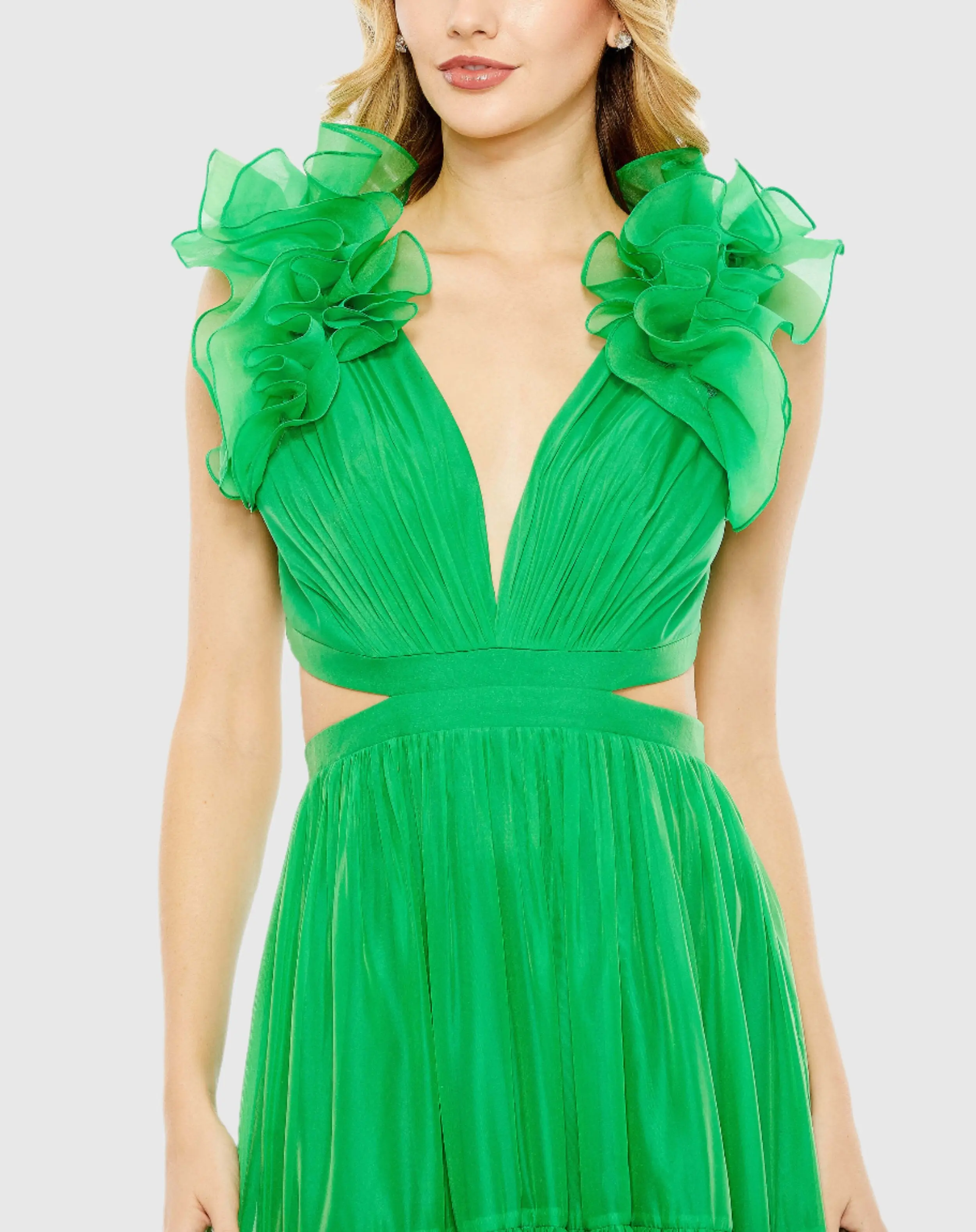 Green Ruffled Shoulder Cut Out Soft Tie Back Tiered Gown