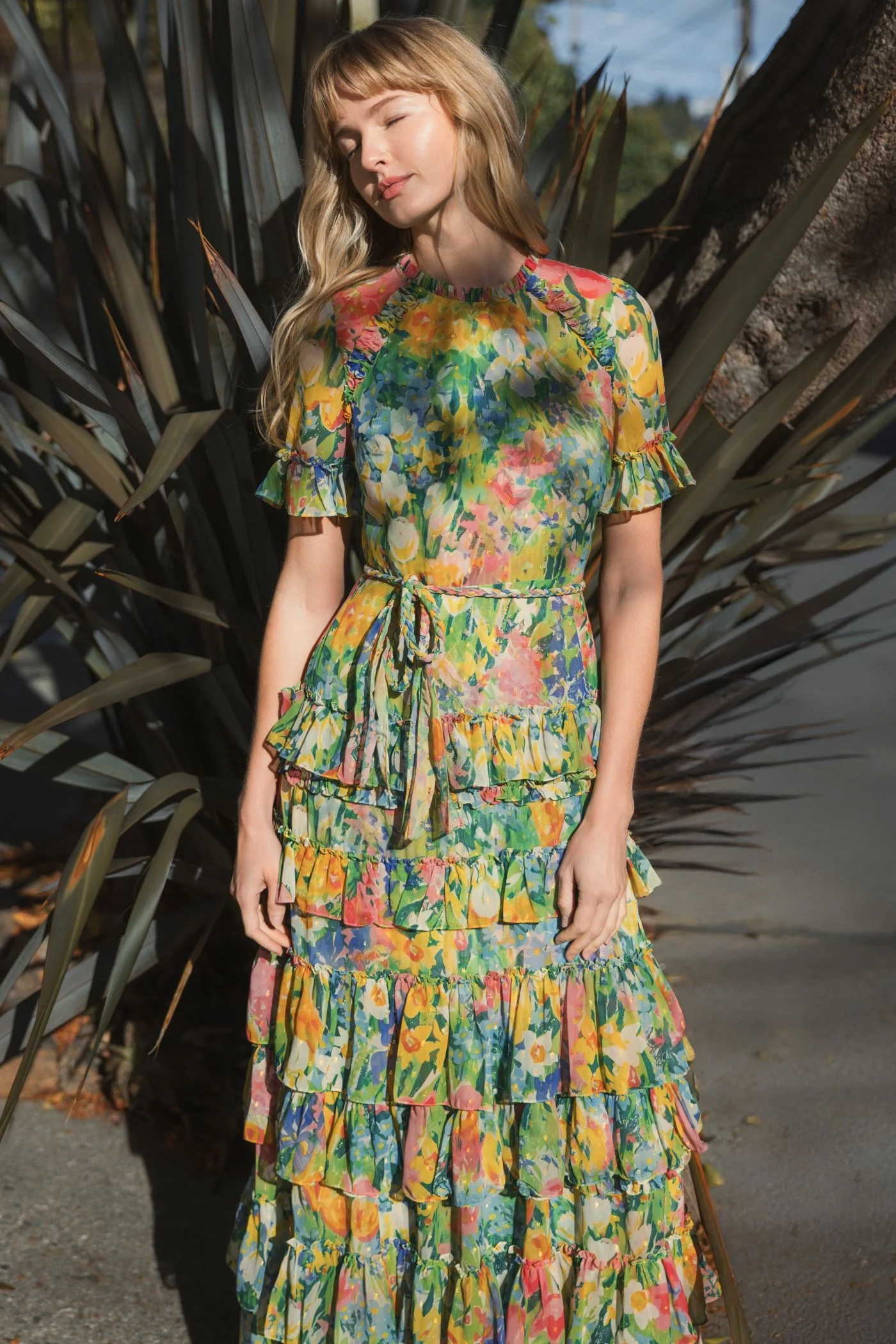 Green Floral Printed Chiffon Tiered Ruffle Dress