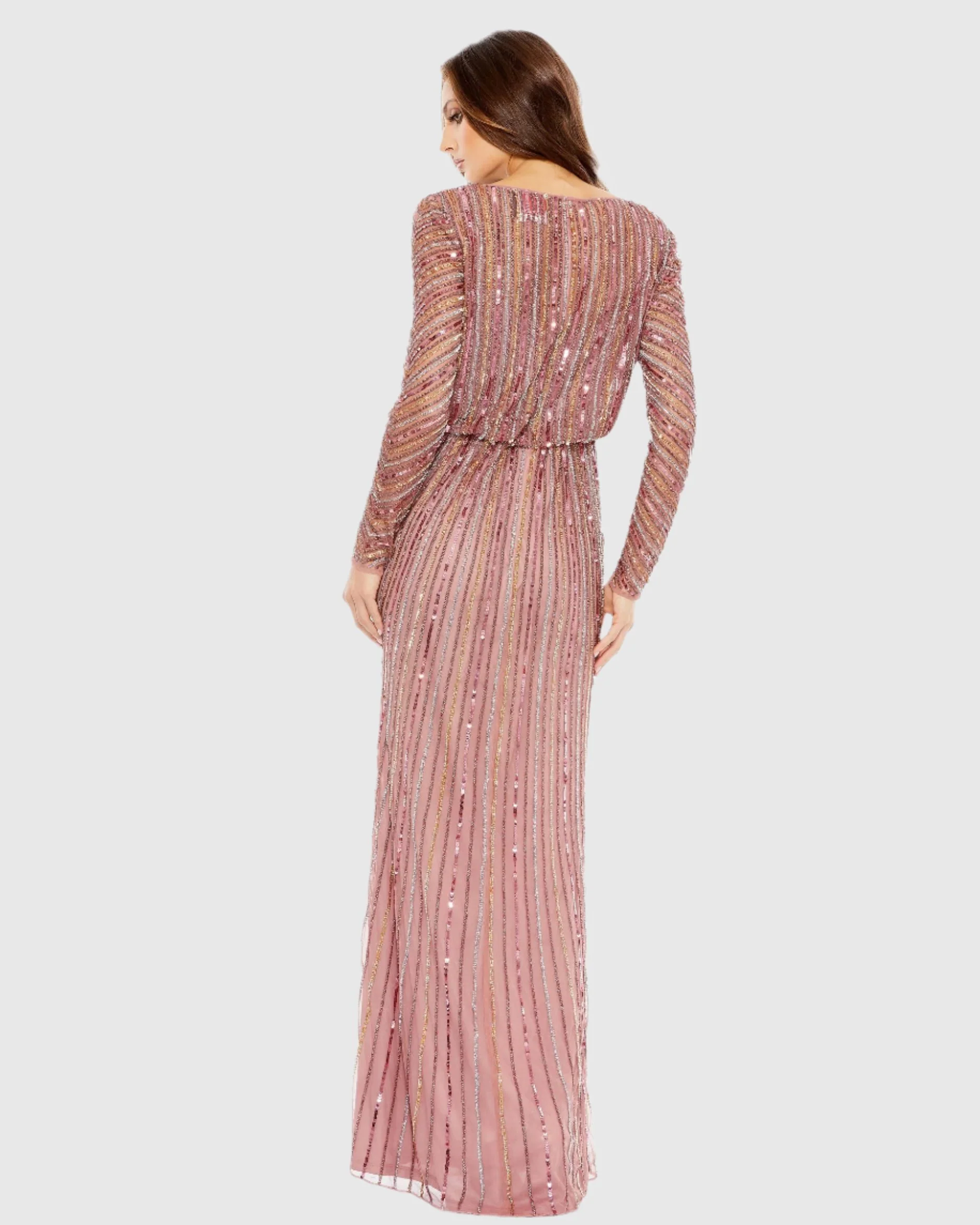 Sequined V Neck Long Sleeve Column Gown