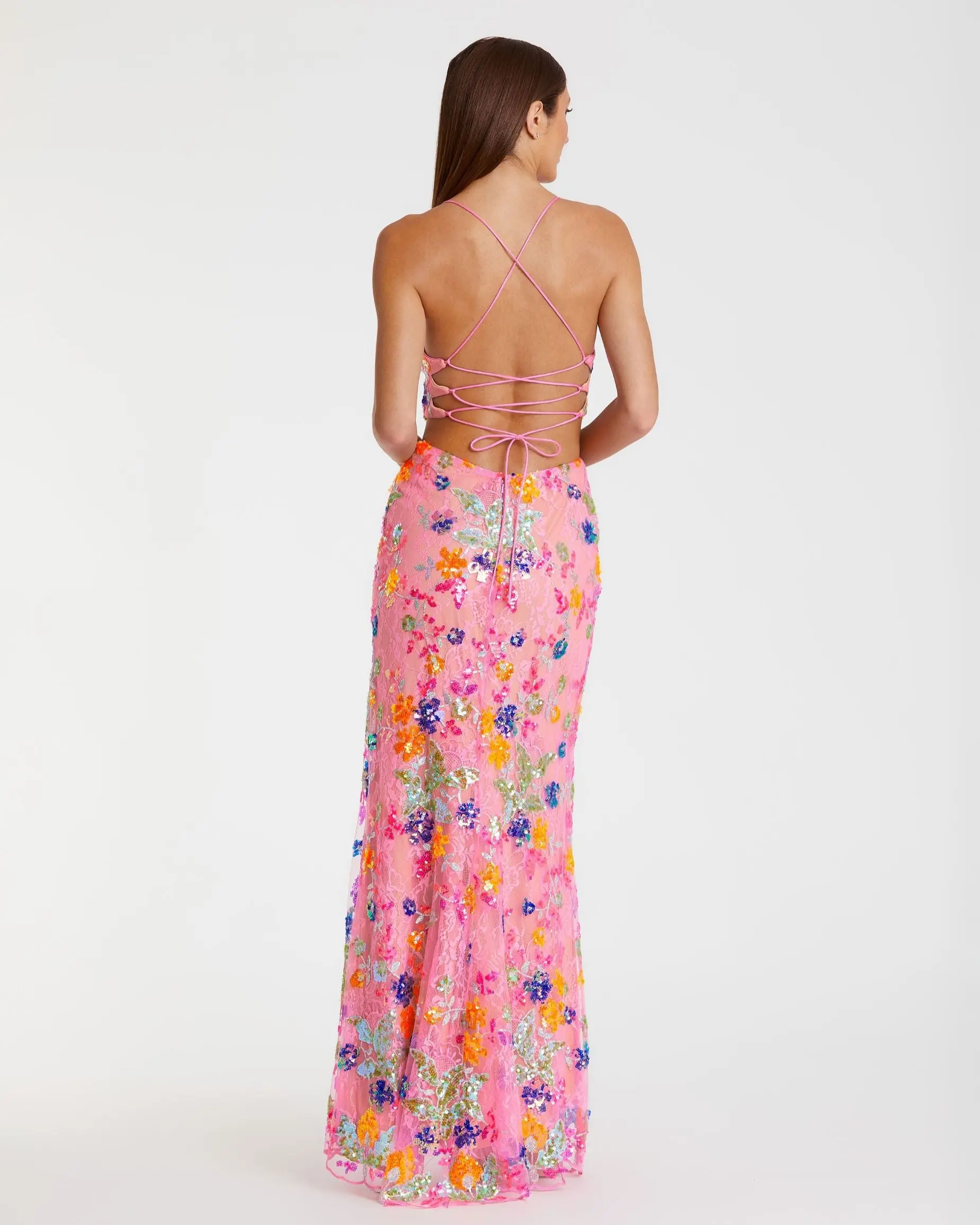 Pink Embellished Lace Strappy Column Gown