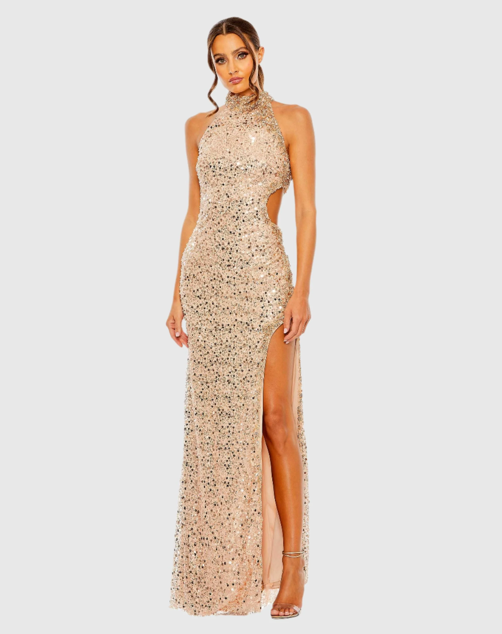 Gold Side Cut Out High Neck Sequin Gown