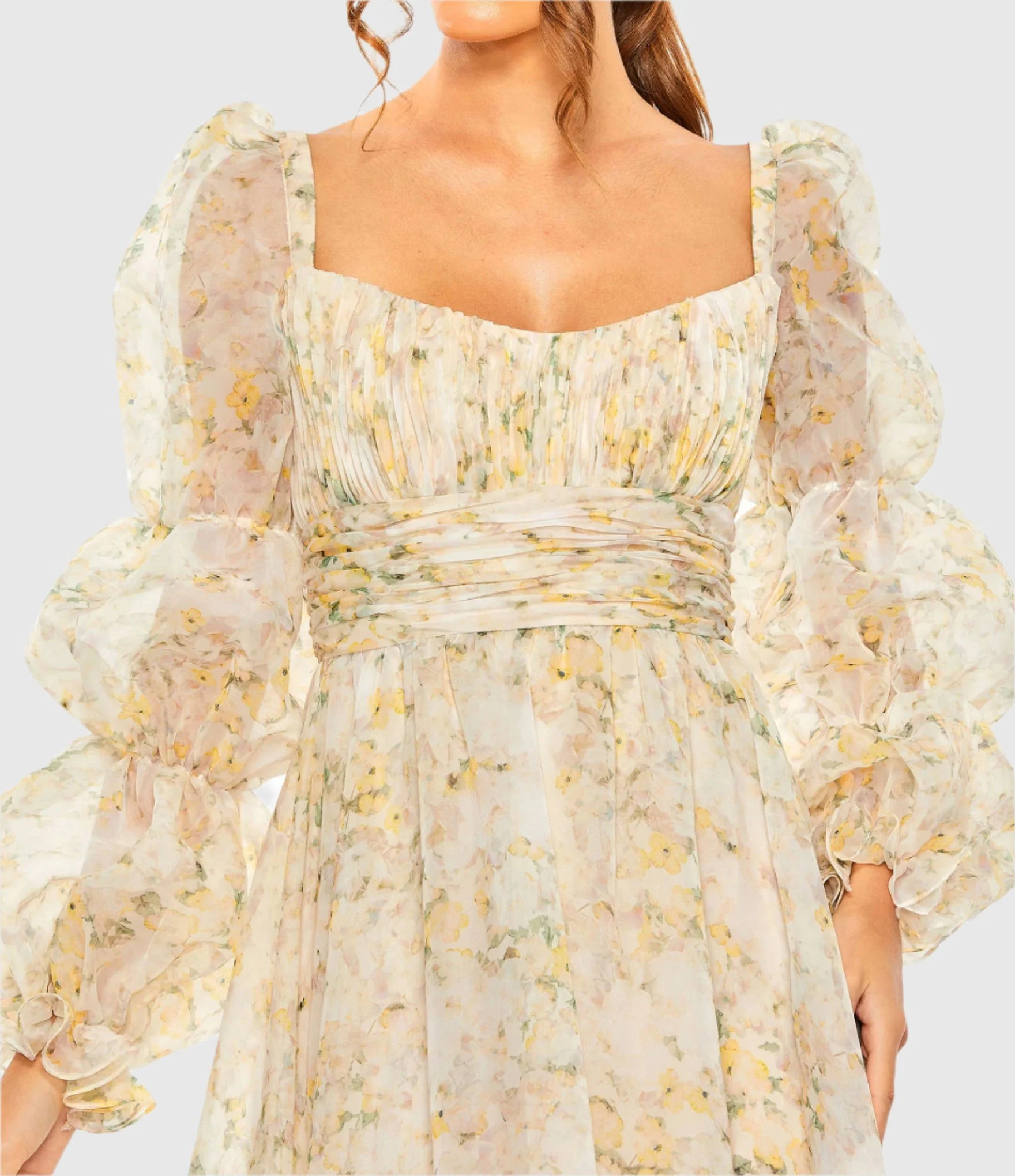 Sweetheart Balloon Sleeve Chiffon Tiered Gown