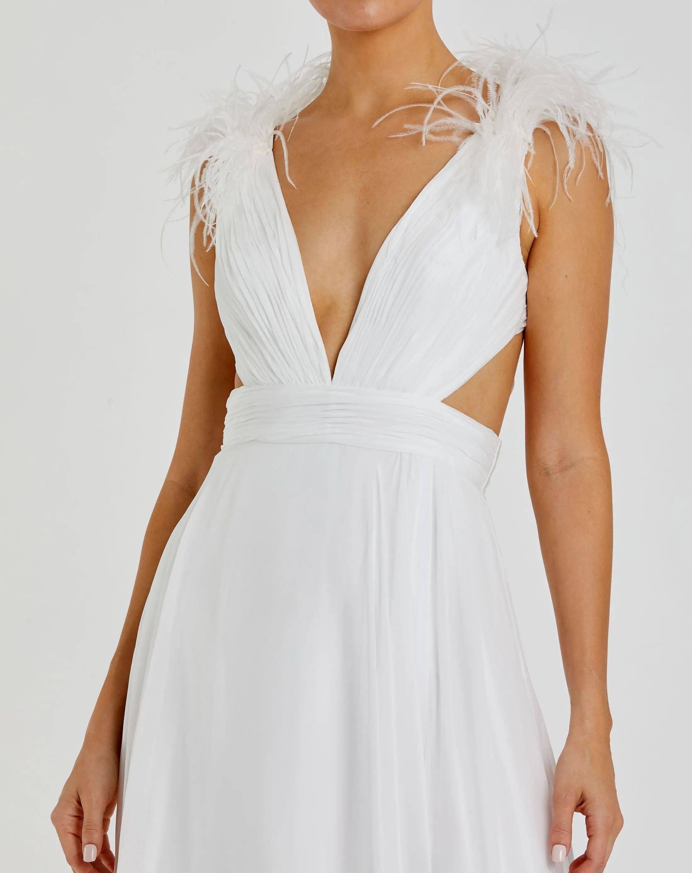 White Plunge Ostrich Feather A Line Gown
