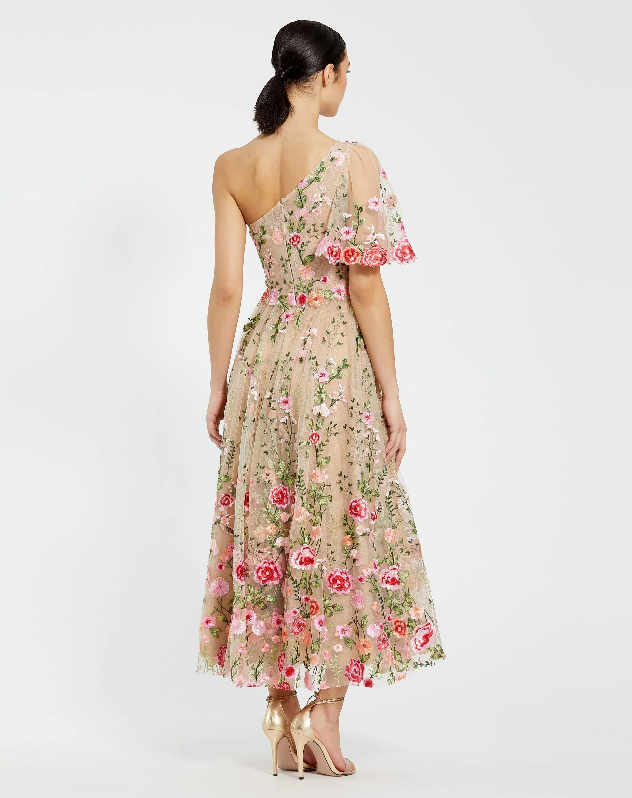 Pink One Shoulder Lace Embroidered Dress