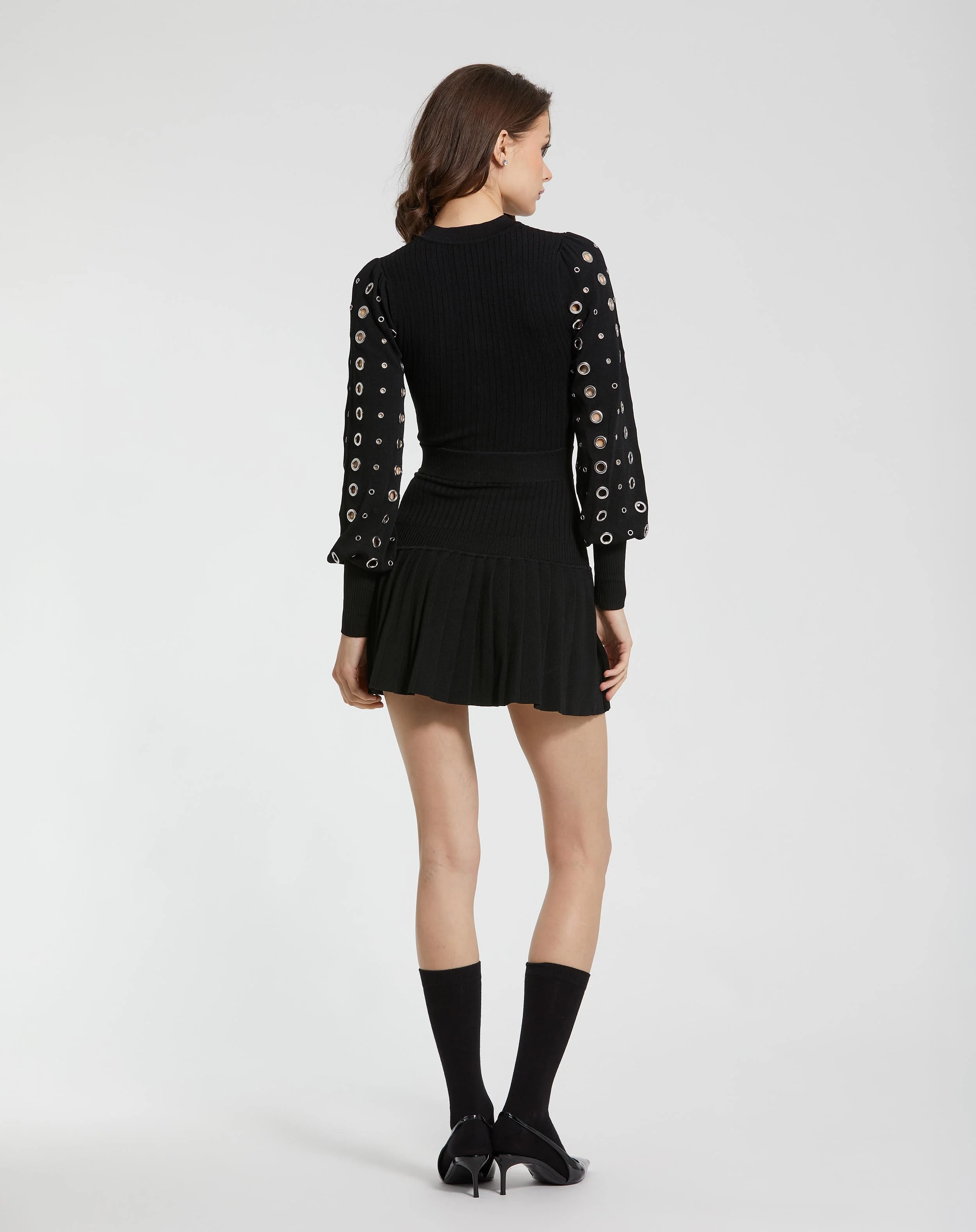 Black Knit Long Sleeve Grommet Mini Dress