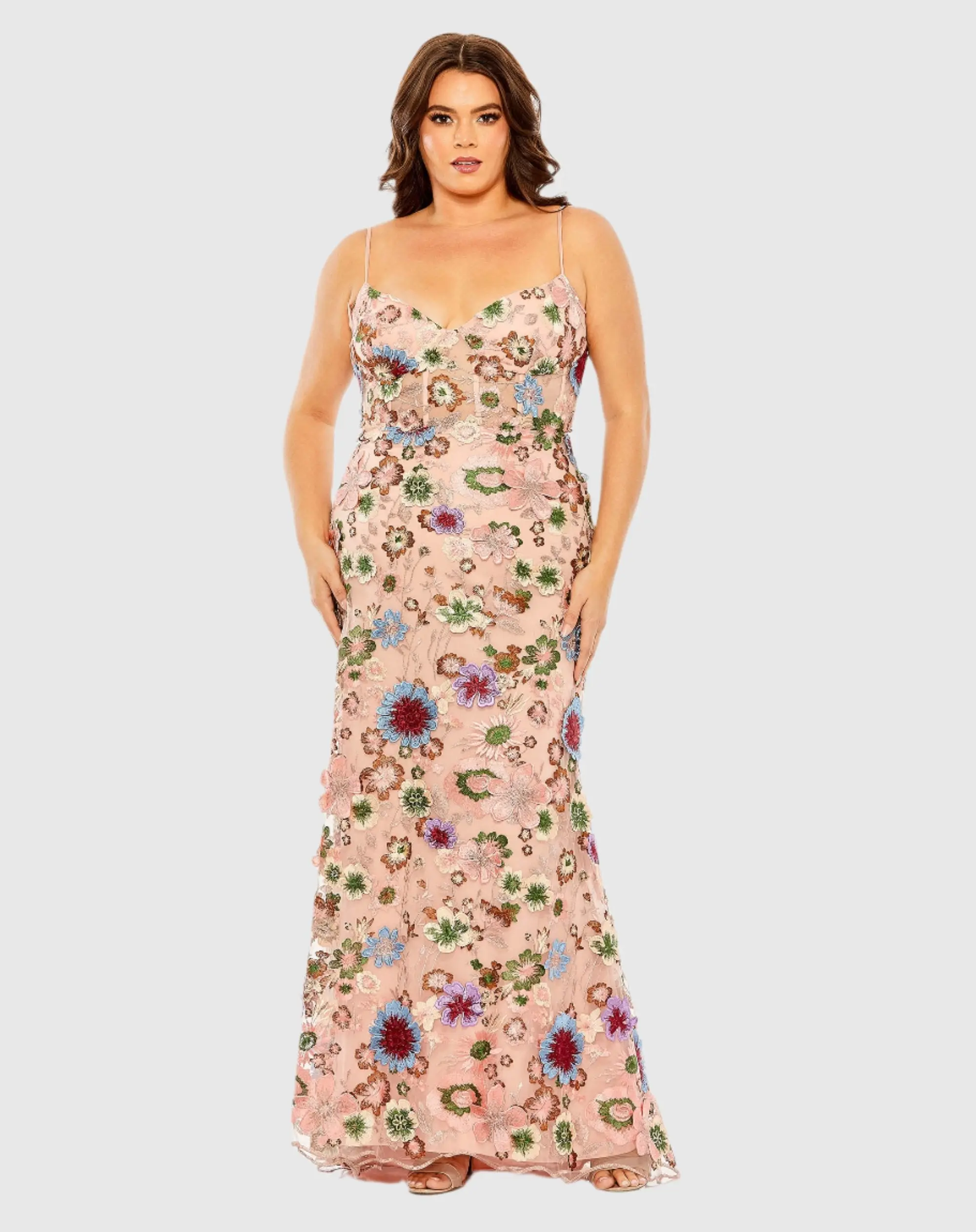 Pink Multicolor Floral Embroidered Corset Mesh Gown
