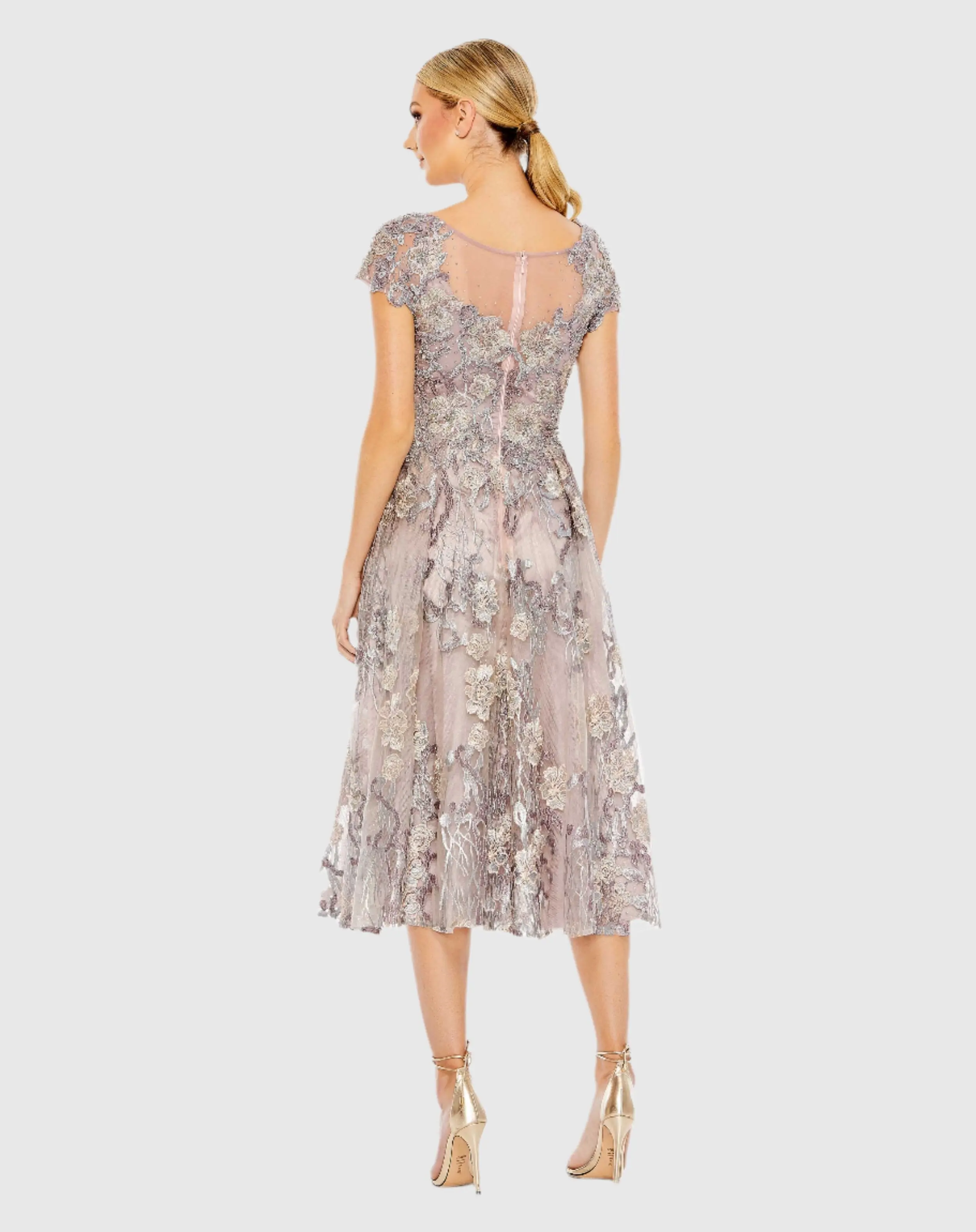 Embroidered Cap Sleeve A Line Dress