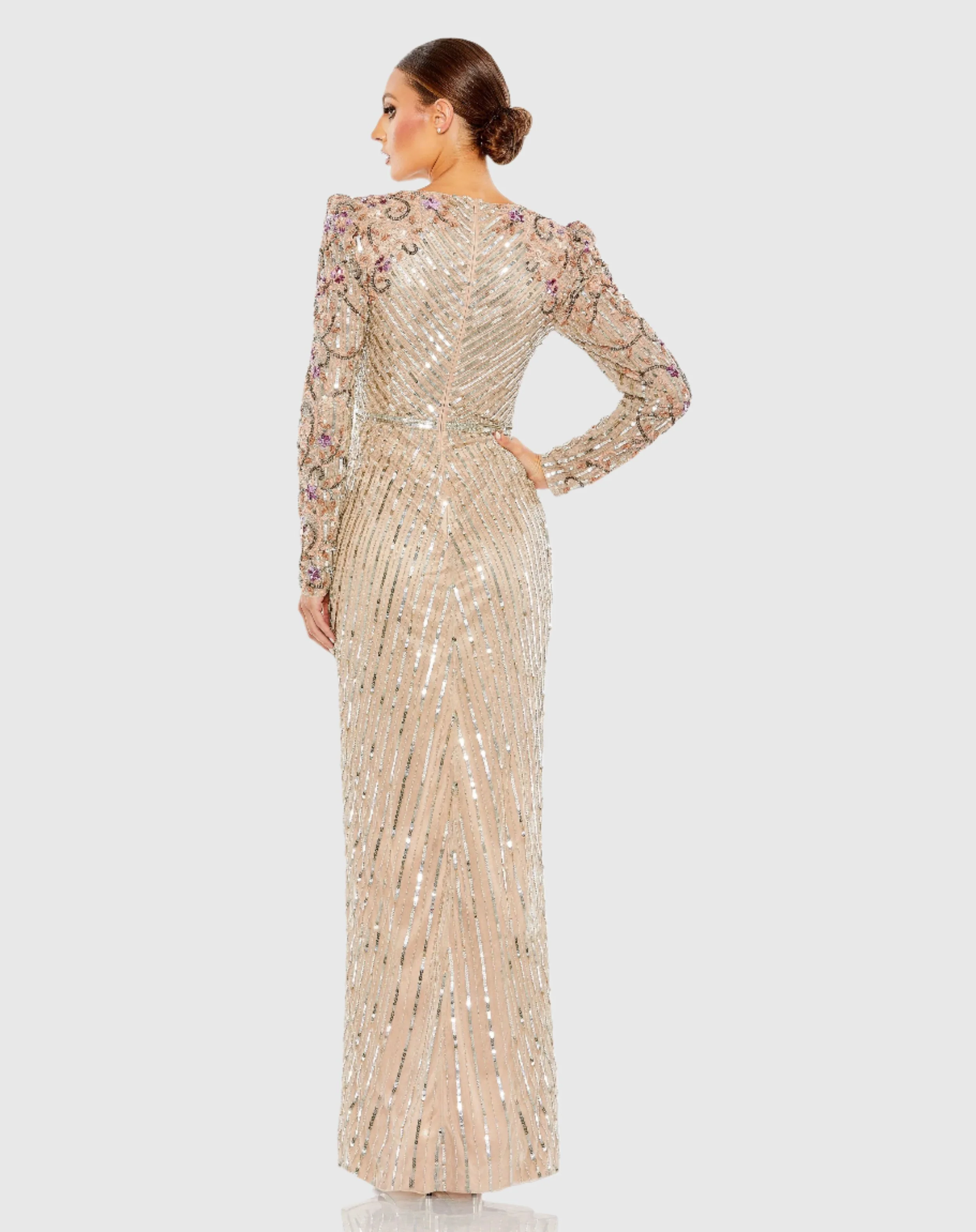 Long Sleeve Embellished Puff Sleeve Faux Wrap Gown