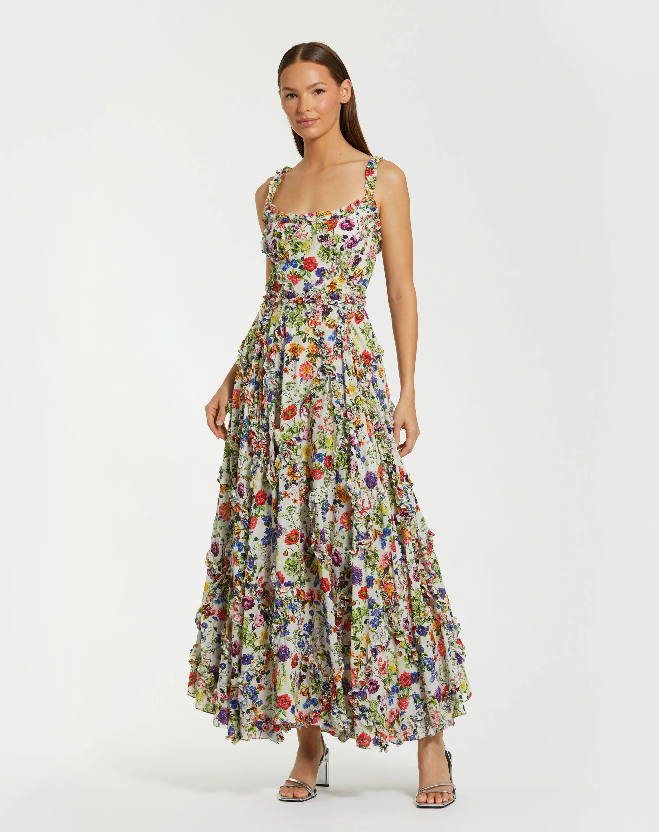Multicolor Ruffle Floral Scoop Neck Dress