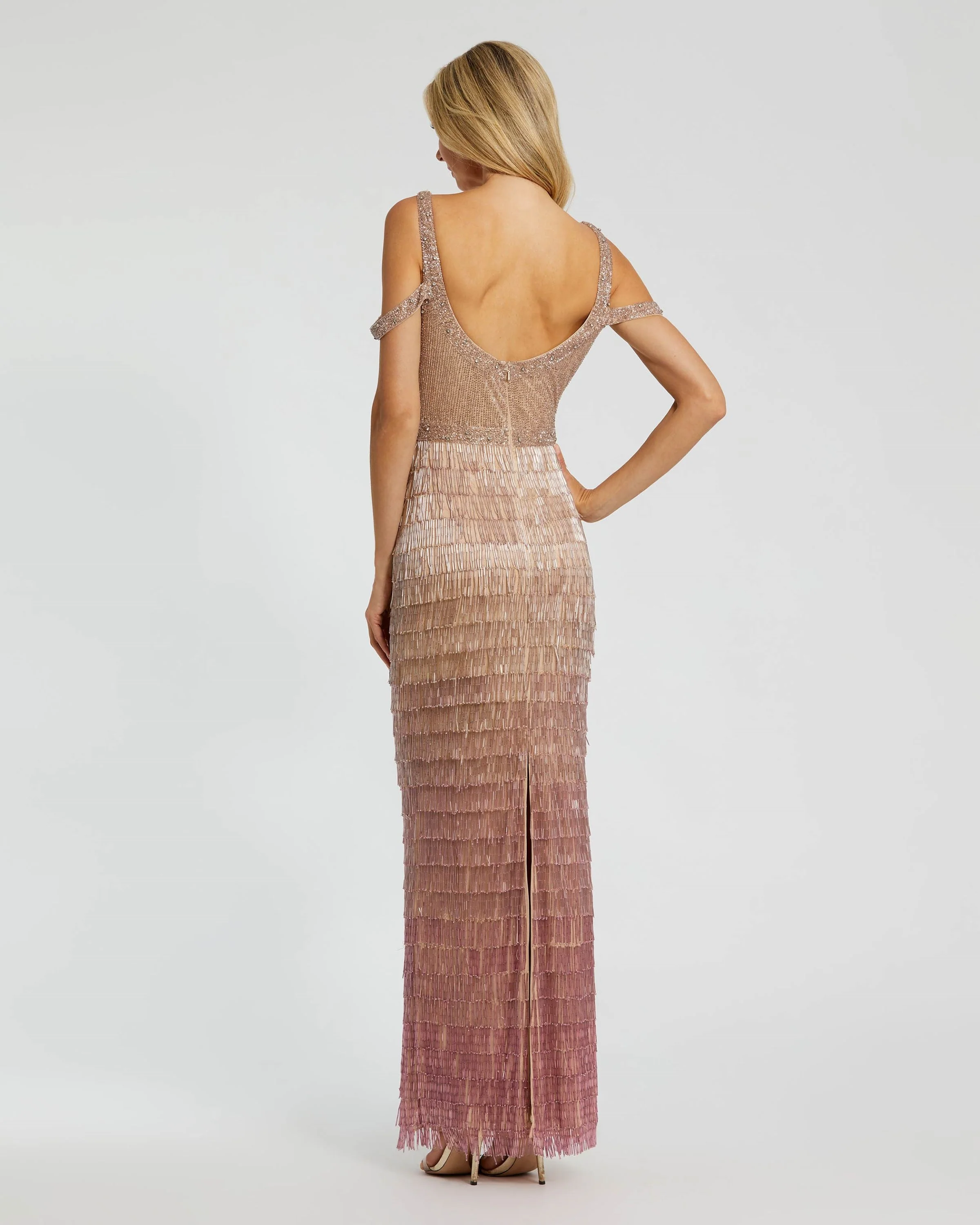 Pink Scoop Neck Embellished Fringe Gown