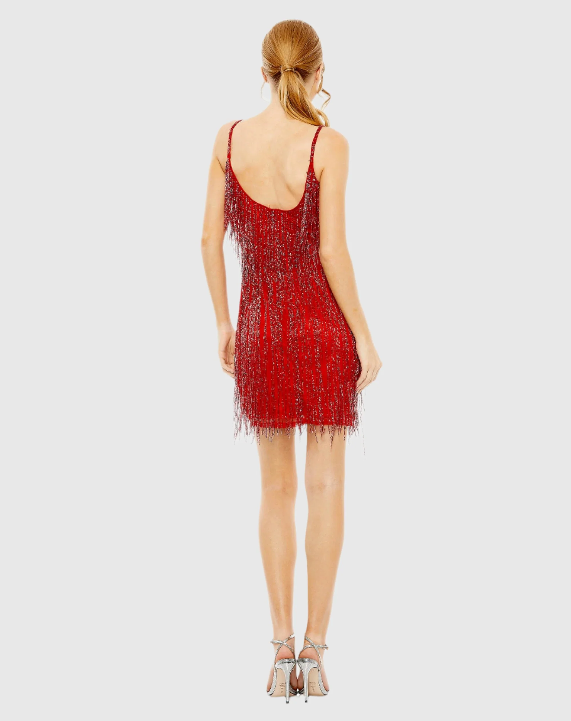 Red Scoop Neck Embellished Beaded Fringe Dress