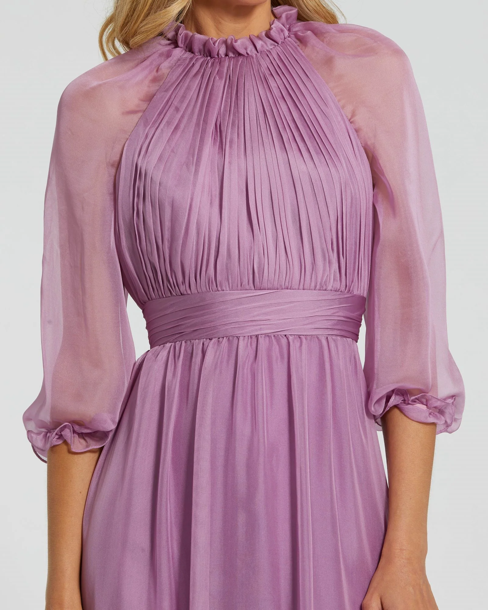 Light Purple Chiffon Ruched Illusion Raglan Sleeve Ruffled Gown